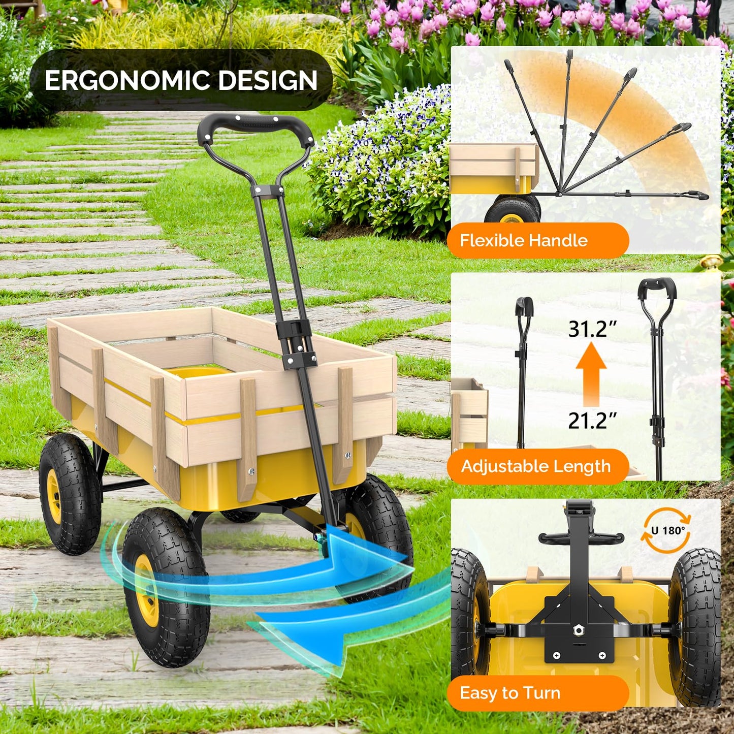 VINGLI Steel Garden Wagon Cart on Wheels, 330lb Load Capacity, Removable Heavy Duty Wooden Side Panels, with Extendable Handle and 10inch All-Terrain Tires, Wheelbarrow for Yard Landscaping (Yellow)