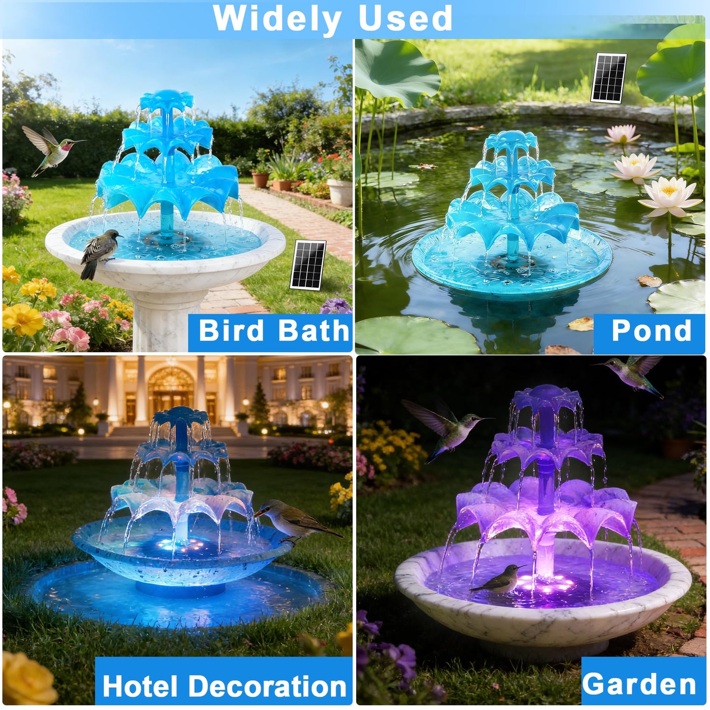 Yeomi 3-Tier Solar Fountain Pump with LED Lights, 24H Outdoor Water Feature, Detachable Design, Multi-Function Bird Bath Water Fountain for Garden Patio Yard Backyard Pond, 3.5W