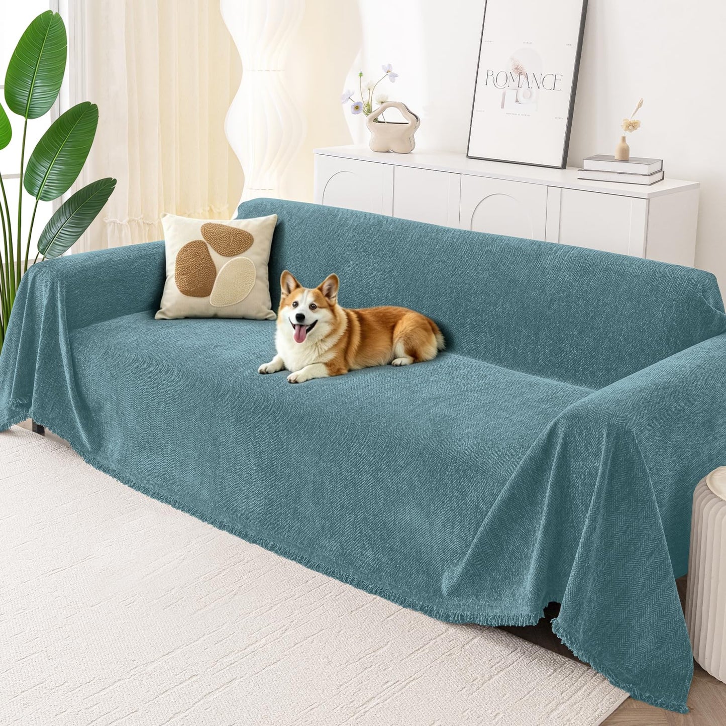 Smiry Couch Cover for Dogs, Washable Chenille Sofa Covers for 3 Cushion Couch, Soft Sofa Slipcover for Pets, Thick Sectional Furniture Protector with Tassels (Blue, 88.5x134 Inch)