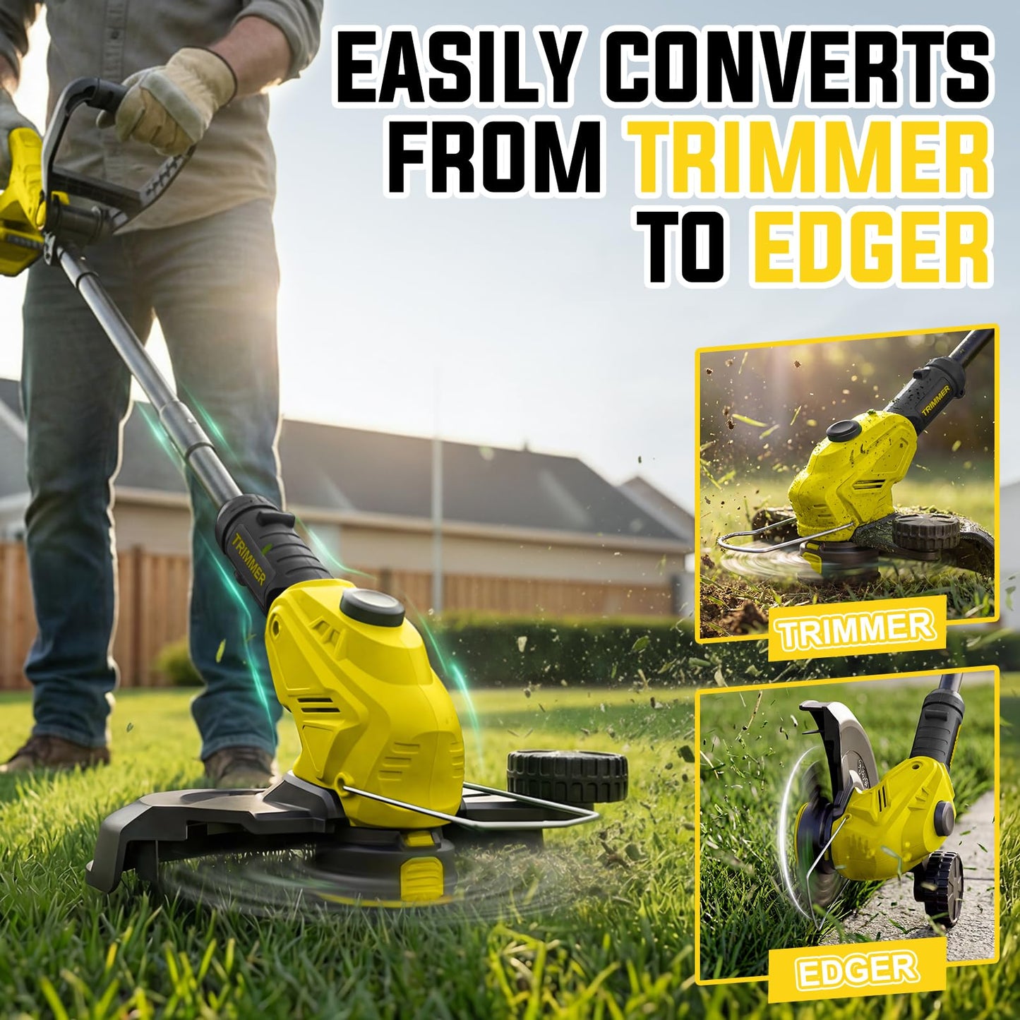 JKLARI Cordless Weed Wacker, 21V Battery Powered Grass Trimmer & Edger 2-in-1, Electric Weed Wacker with 2 × 2.0Ah Batteries and 8 × Spare Spools, Lightweight Edger Lawn Tool for Yard & Garden