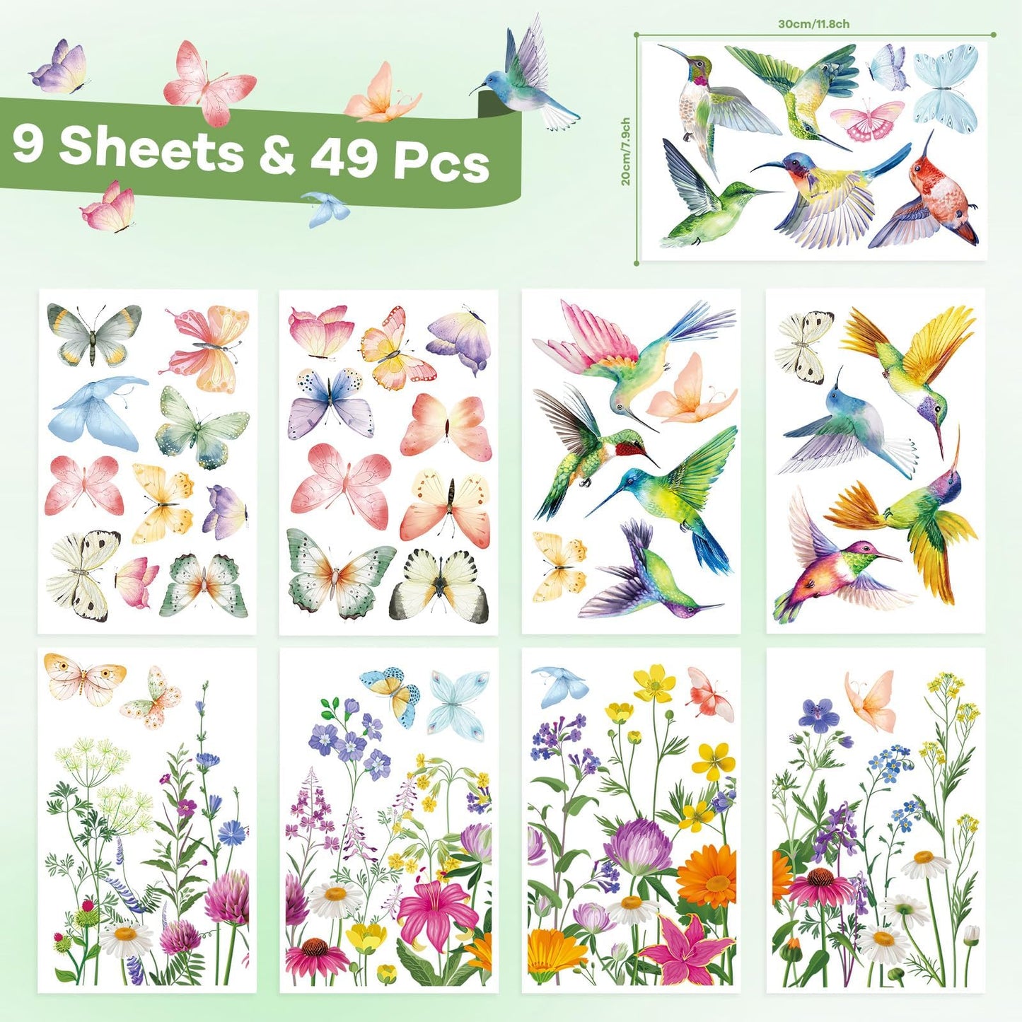 AhfuLife 9 Sheets Spring Window Clings, Larger Spring Flower Floral Butterfly Bird Window Stickers for Glass, Home, Office, School Party Decoration Spring Theme Supplies