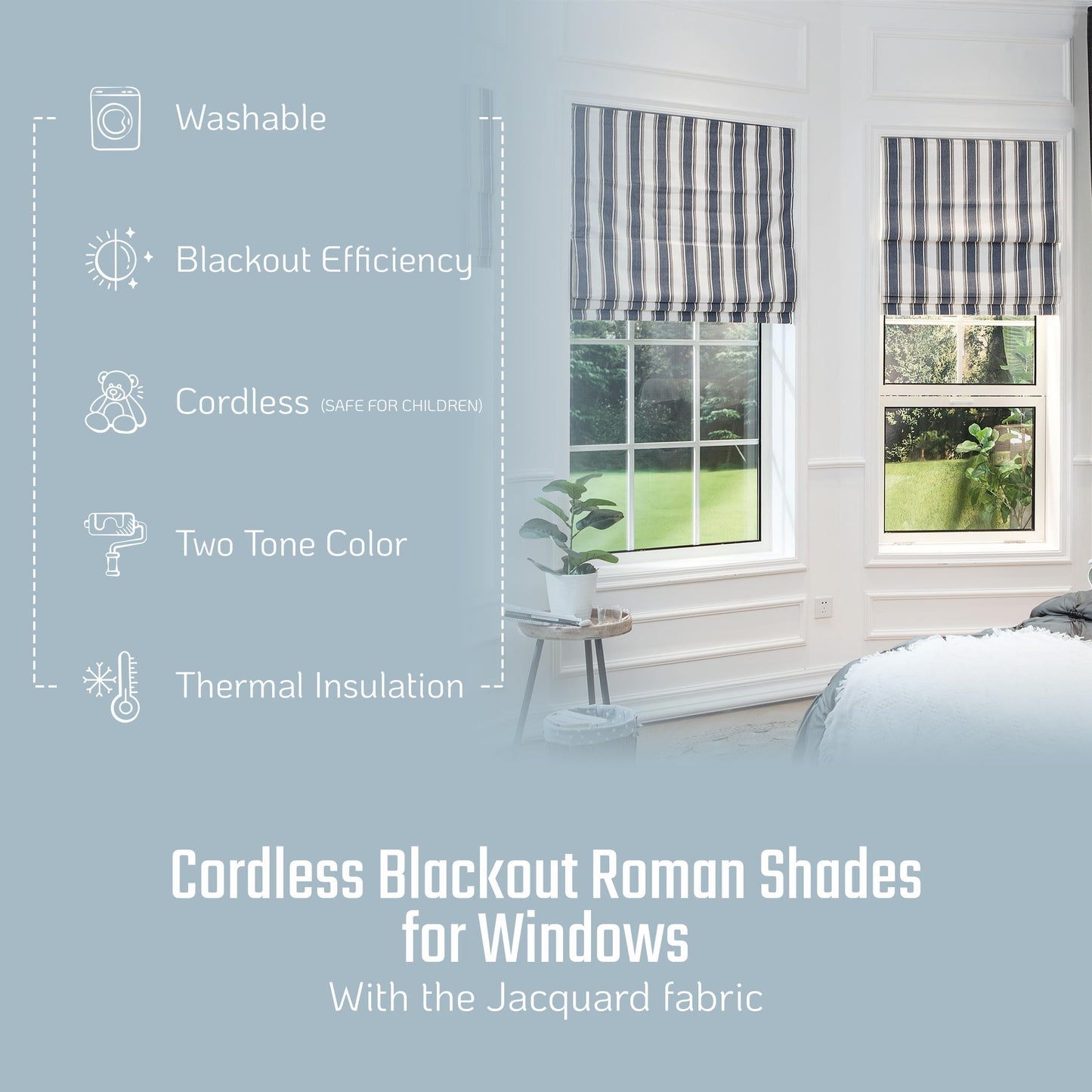 Everyday Celebration Roman Shades - 100% Blackout, Cordless Pull Down, Vertical Stripe Indoor Window Shades, Woven Fabric Blinds - Denim Bleu, 31" W x 64" H