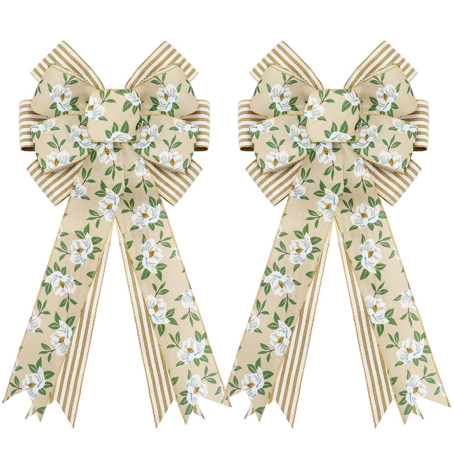 Whaline 2 Pack Spring Flower Wreath Bow Magnolia Floral Rustic Burlap Wired Edge Bow 11 x 21 Inch Large Spring Summer Farmhouse Wreath Bows Decor for Indoor Outdoor Wall Home Party Decoration