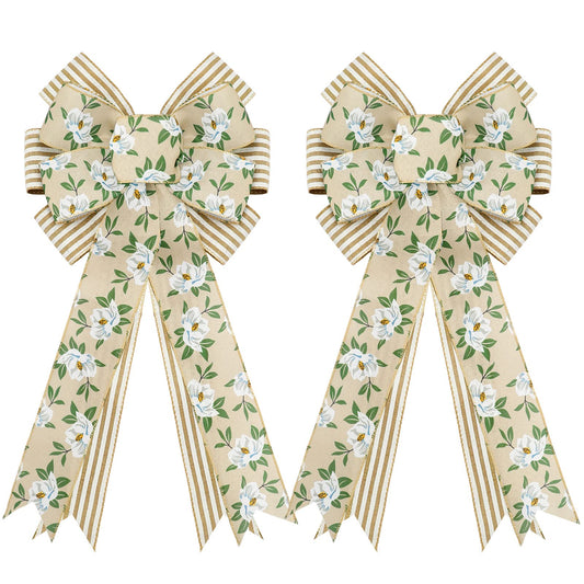 Whaline 2 Pack Spring Flower Wreath Bow Magnolia Floral Rustic Burlap Wired Edge Bow 11 x 21 Inch Large Spring Summer Farmhouse Wreath Bows Decor for Indoor Outdoor Wall Home Party Decoration