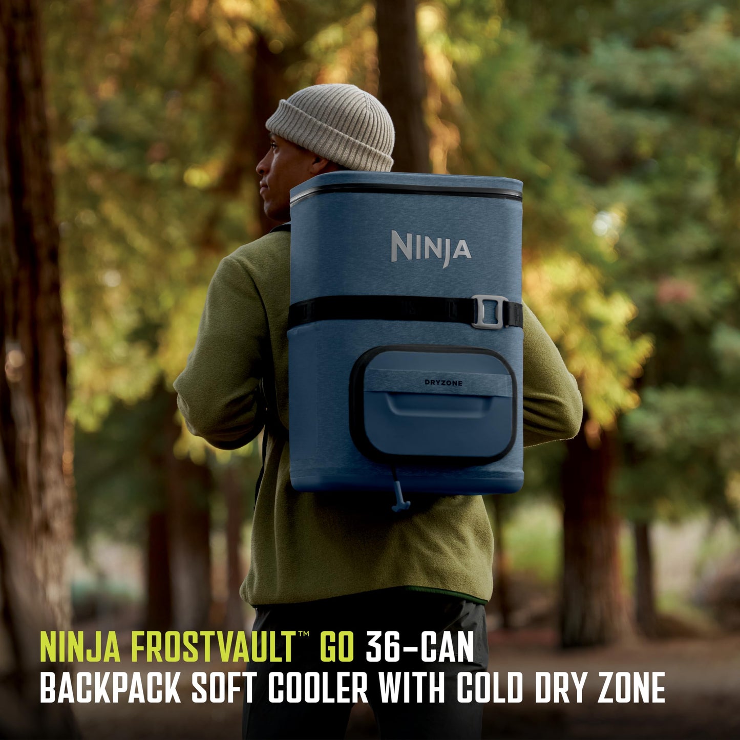 Ninja | Backpack Cooler | FrostVault Go 36 Can Soft Cooler | Leakproof Zipper with Built in Can Opener, 2 Ice Packs & Dry Storage Drawer | for Hiking, Camping & More | Lakeshore Blue | FF136NV