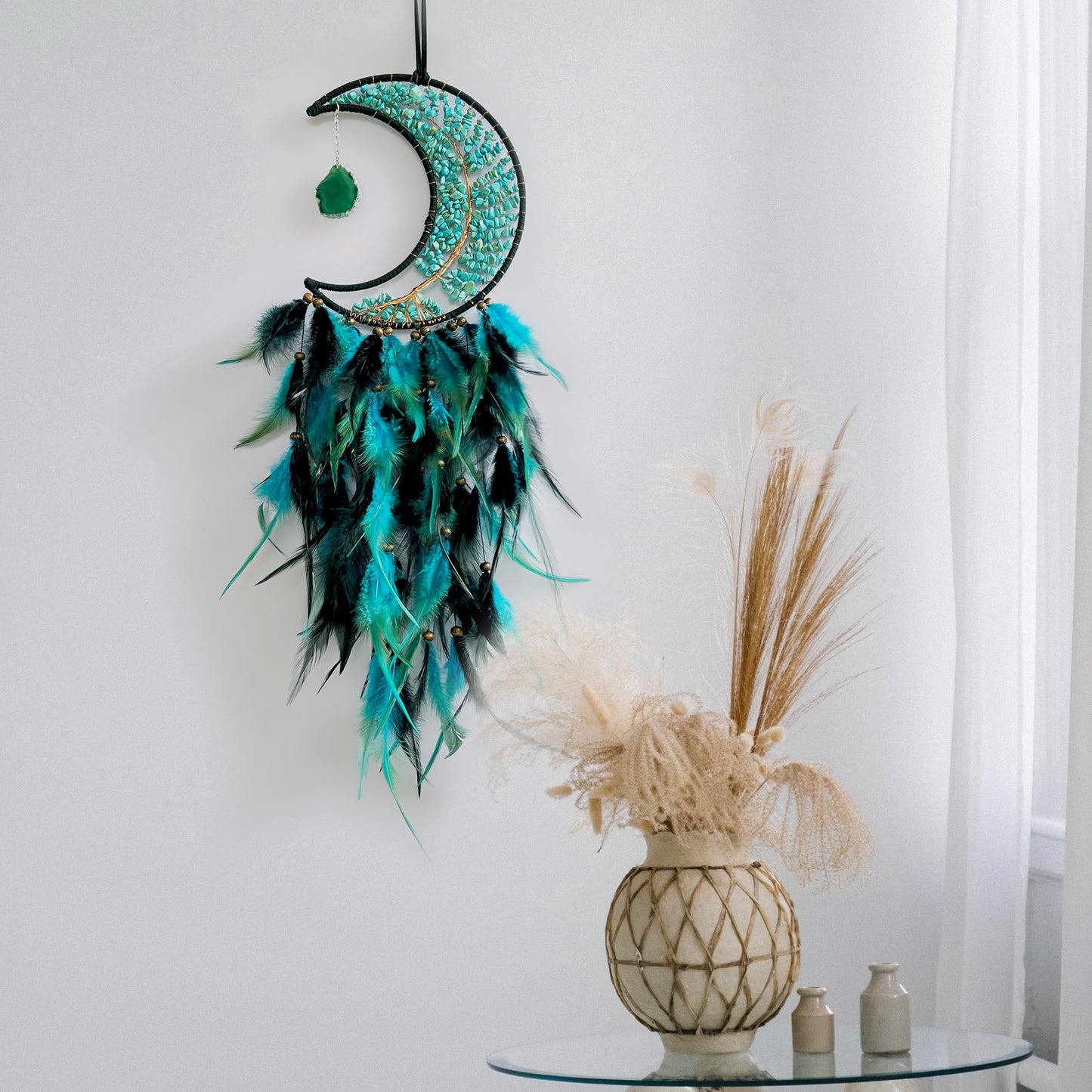 Moon Dream Catchers with Chakra Gemstone Agate Stone, Crystal Tree Life Dream Catchers Wall Hangings Room Decor (Green)