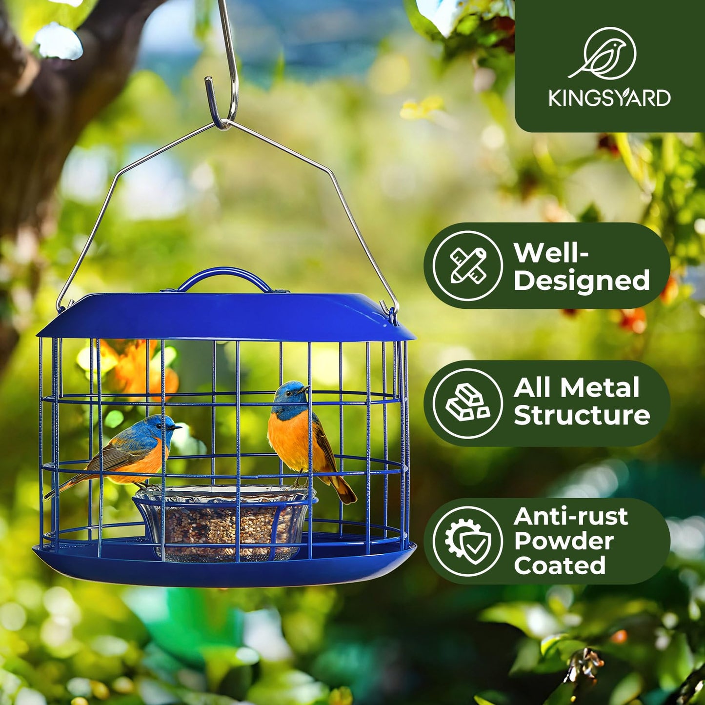 Kingsyard Bluebird Feeders for Outdoors Hanging, All Metal, Cage Mealworm Bird Feeder with Tray, Squirrel Proof & Weatherproof, Easy to Refill & Clean (Blue)