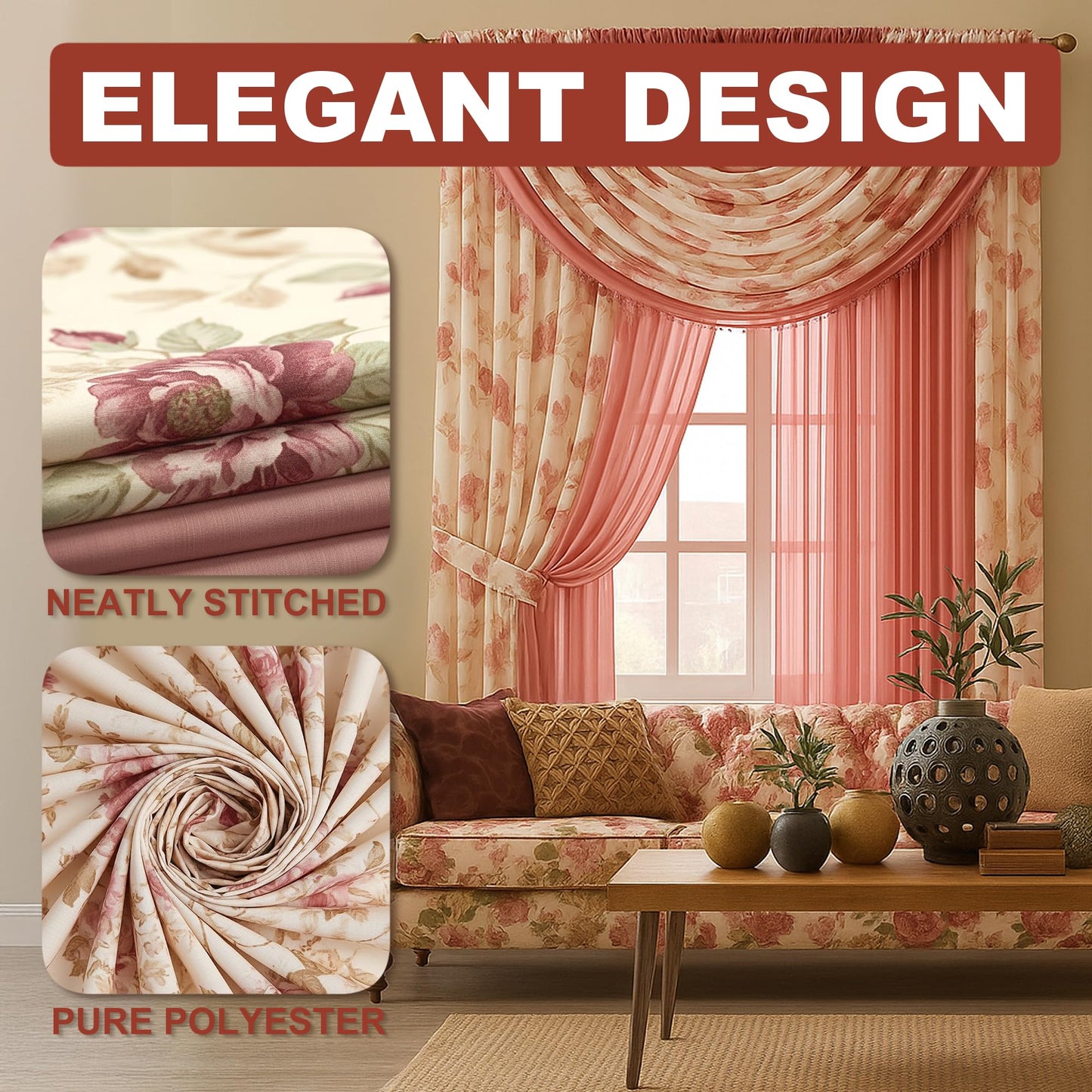 YHSF Sheer Curtains Laura Collection - 4 Panel Set, 84 Inches Long - Elegant Curtains for Bedroom & More - Valances with Beads & 2 tiebacks - 55” x 84" - Easy Install, Multicolor, Floral Rose Taupe