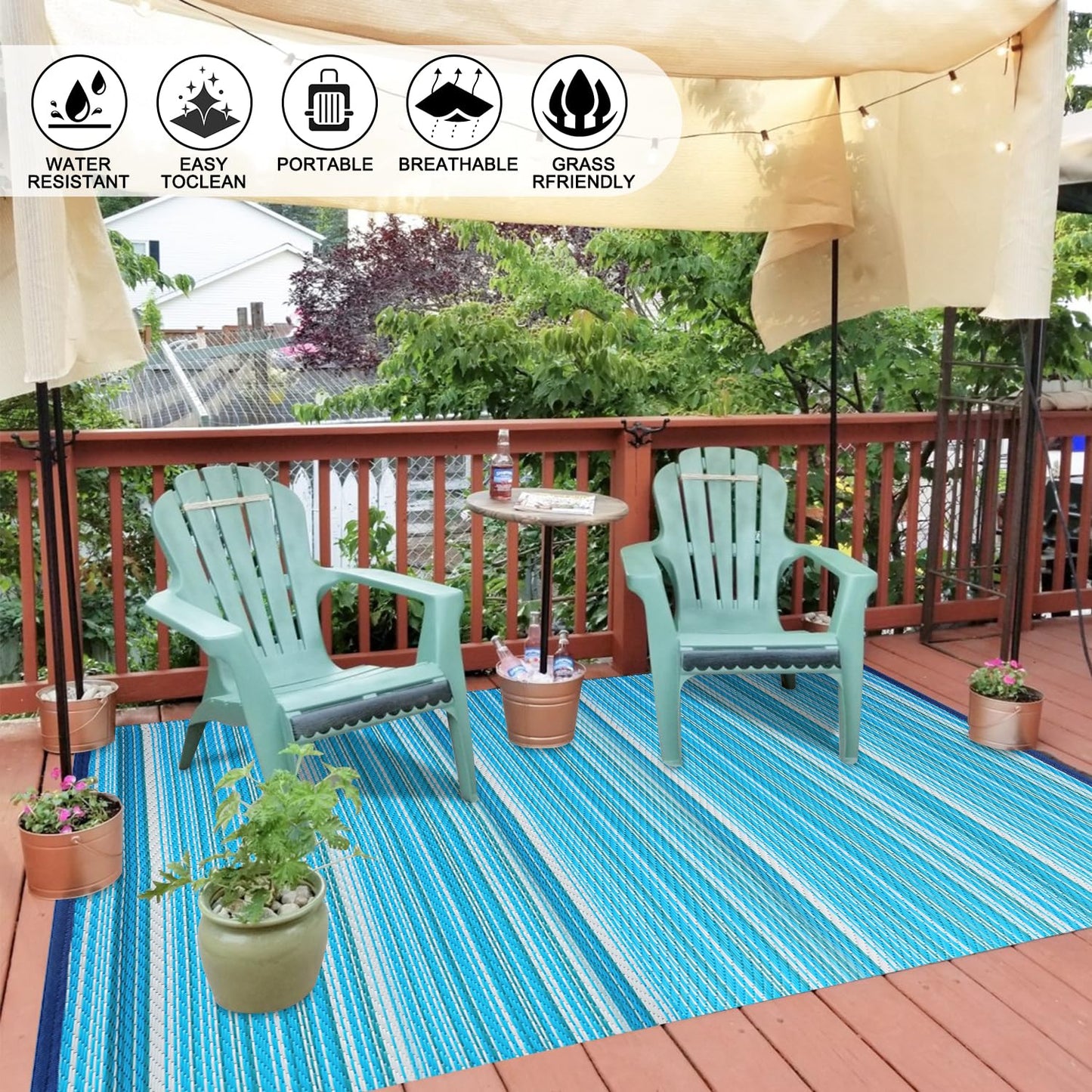 Wefavor Outdoor/Indoor Rug Plastic Straw Rug Waterproof Portable Outdoor Mat, Easy to Clean and Fold, Perfect for Garden, Patio, Picnic, Decking-（Blue，6x9Ft）