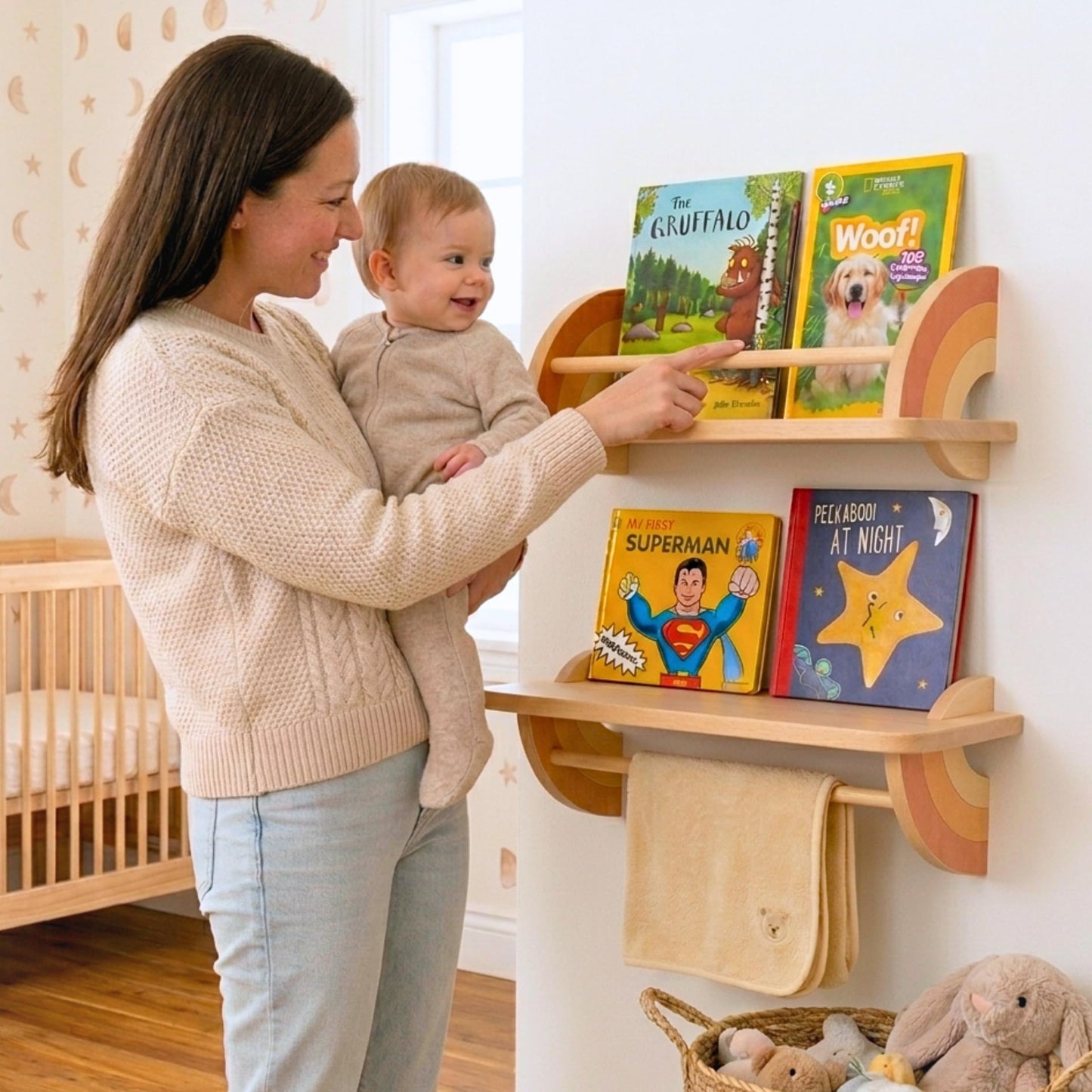 KitzeyBee Nursery Book Shelves Set of 2 - Solid Beech Wood Rainbow Floating Bookshelf for Kids Wall, Wall Mounted Toddler Bookshelf with Hanging Bar for Baby Room Decor, Holds 25 lbs (Pastel, 19.7in)