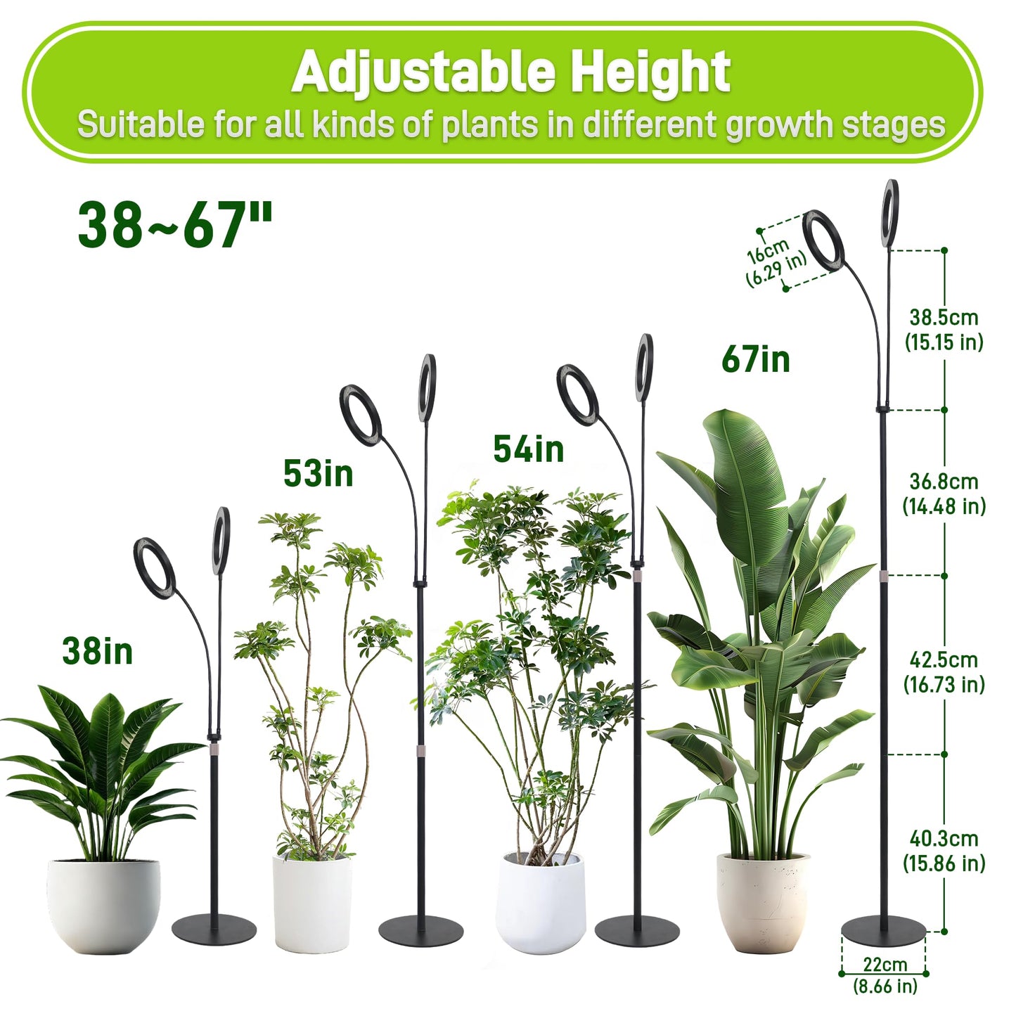 LETKEYS Grow Lights for Indoor Plants,Double Head Full Spectrum LED Plant Light with Stand,6 Dimmable Levels & 3 Lighting Modes, Auto On Off Timer 3/9/12H, 38-67 inches Adjustable Height, Black