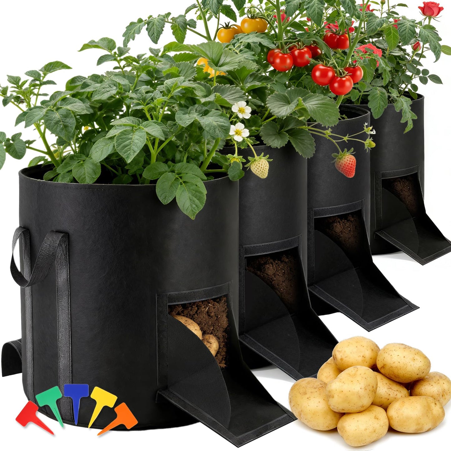 joyhalo 15 Gallon Potato Grow Bags, 4 Pack Planter Pot with Handles, Nonwoven Fabric Pots with Harvest Window & Visible Window, Heavy-Duty Planting Bags for Vegetable & Fruit, 5-Color Plant Labels