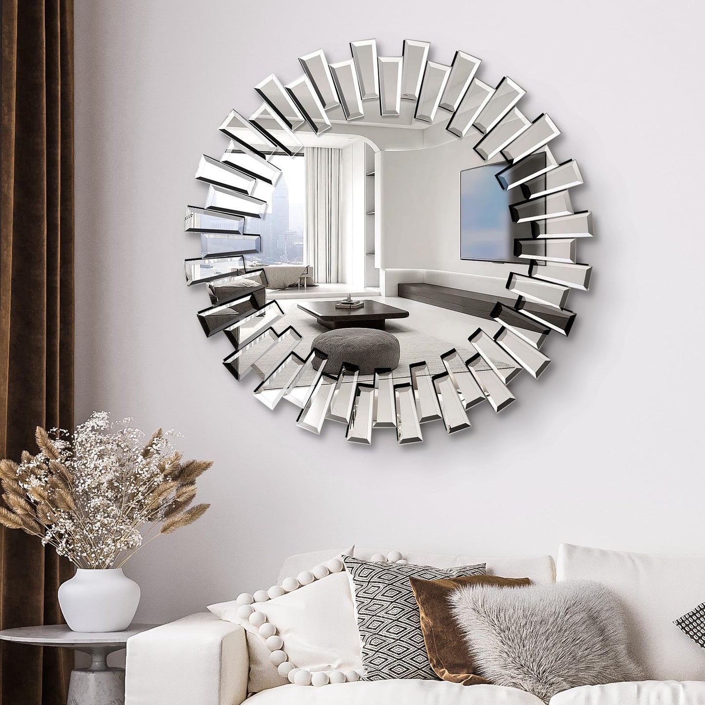 QDSSDECO Round Mirror Sunburst Wall Mirror 31.5" Beveled Edge Frameless for Living Room Bathroom Bedroom Entryway Decor