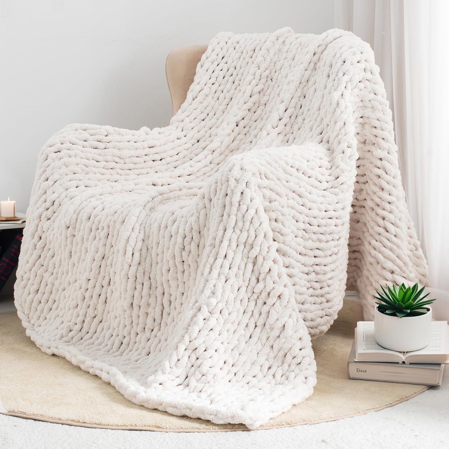LONG CREATE Chunky Knit Throw Blanket 50"X 60", 100% Handmade with Soft Chenille Yarn, 4.4lbs Thick Cable Knitted Blankets, Large Rope Knot Crochet Throws for Couch Sofa Bed Home Decor, Cream White