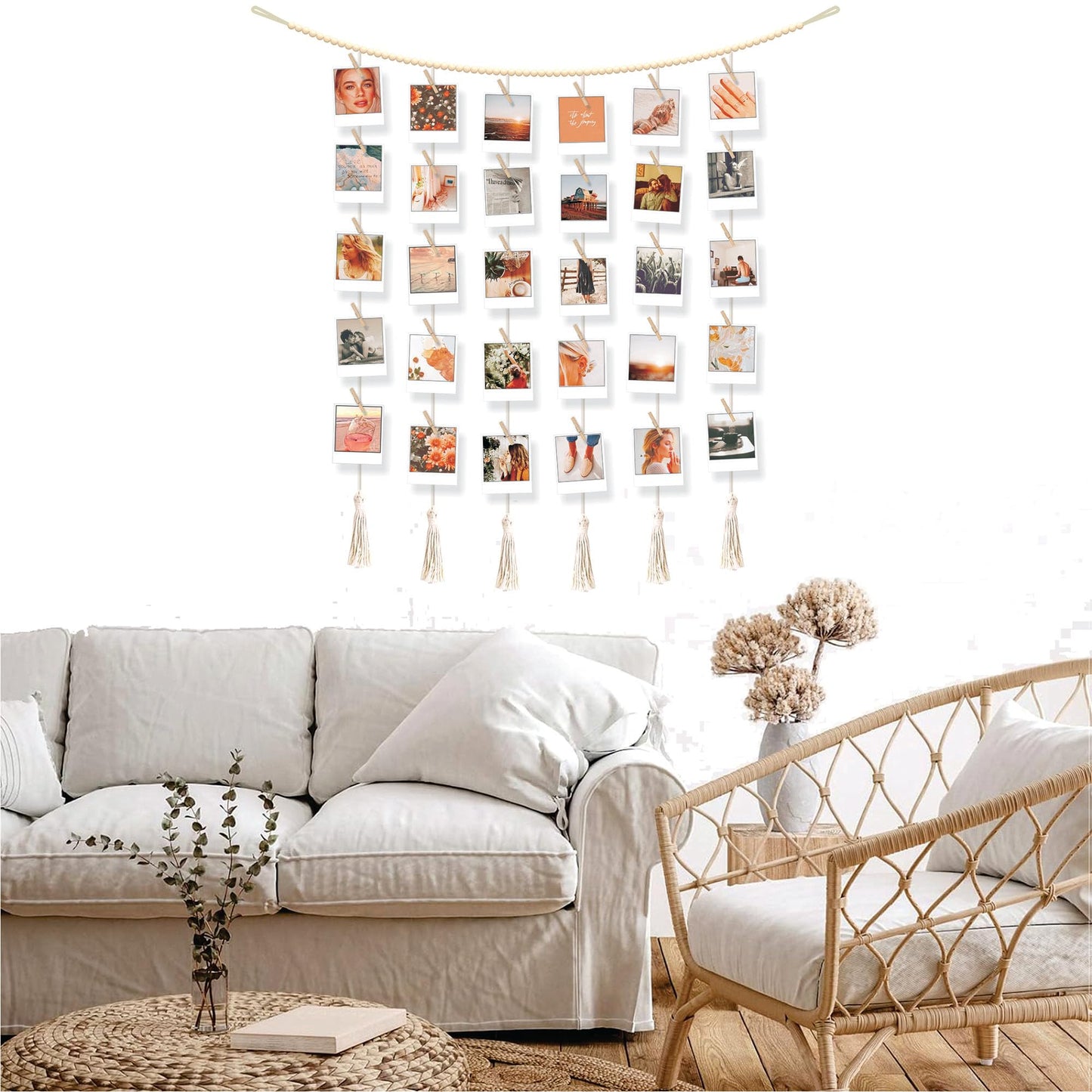BIZYAC Hanging Photo Display with Clips Wall Boho Decor Beads Garland - Sculptural Picture Frames Collage - 30 Clothespins - 2 Non-Trace Hook - No Holes Drilling - 45 x 45 inch