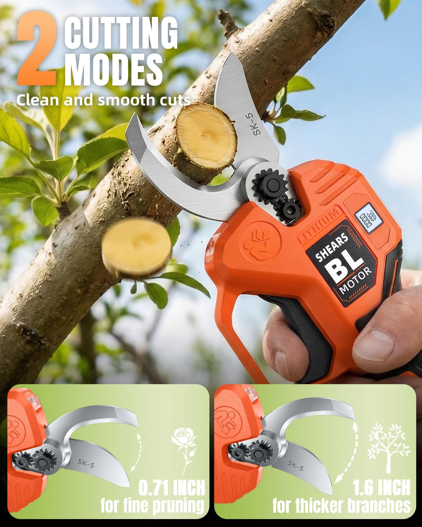 VOTREK® Cordless Electric Pruning Shears, Effort-Saving Power Pruner Cuts Branches up to 1.6", Lightweight with Safety Lock, SK5 Steel Blade, Brushless Motor, Battery Included for Tree Trimming
