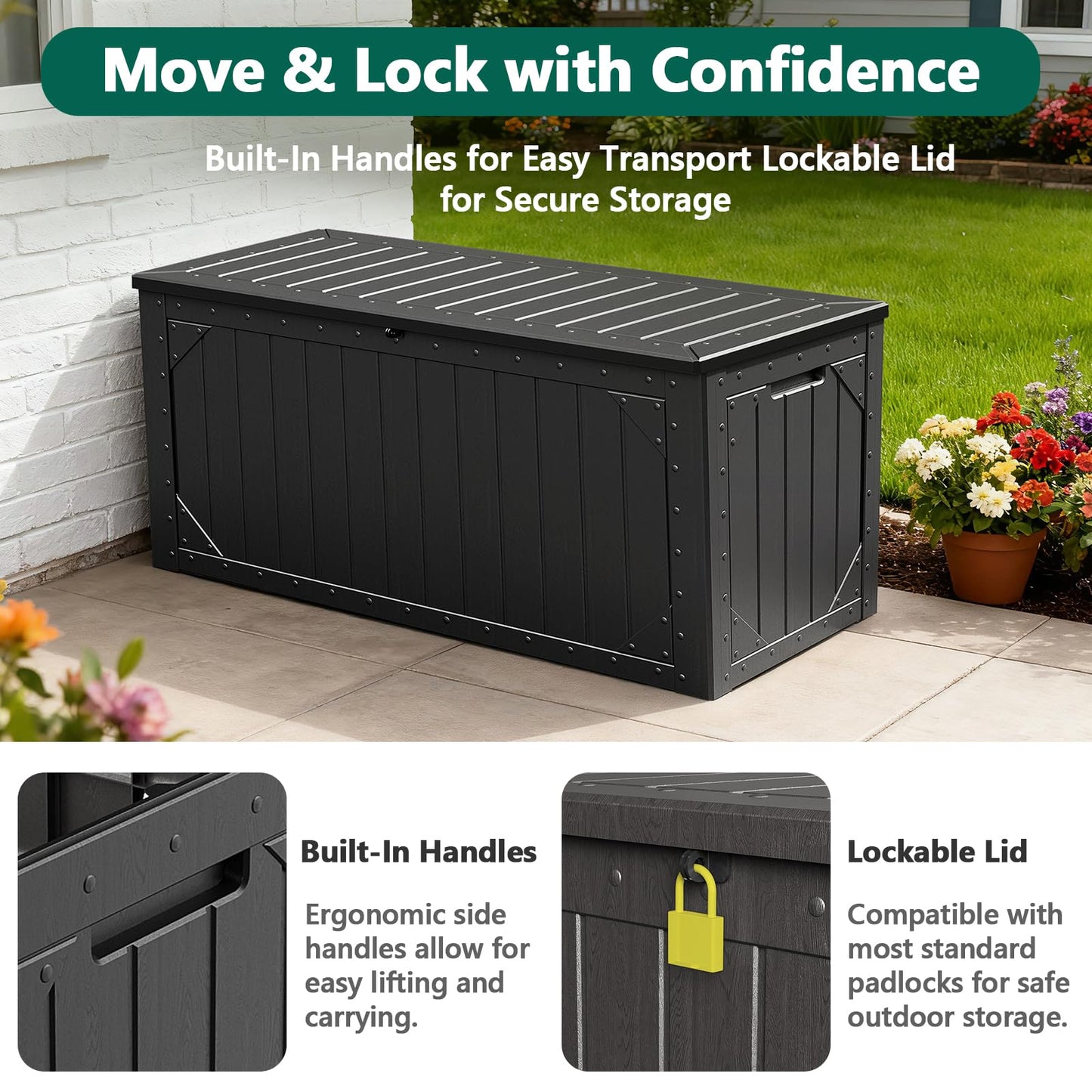 MAKE CHANGES 100 Gallon Outdoor Storage Box, Waterproof Resin Deck Box Organizer for Patio Cushion Storage, Lockable Outside Container for Garden Tools