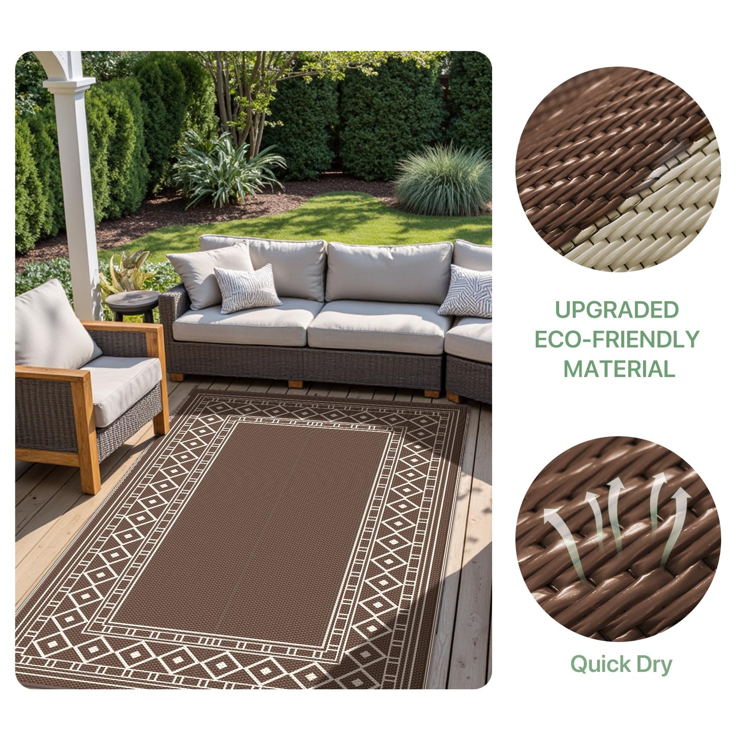 GENIMO Outdoor Rug Waterproof for Patio Decor, 5'x8' Reversible Plastic Straw Rug Carpet, Camping Mat for Outdoor, RV, Backyard, Deck, Balcony, Picnic, Beach, Coffee & Beige
