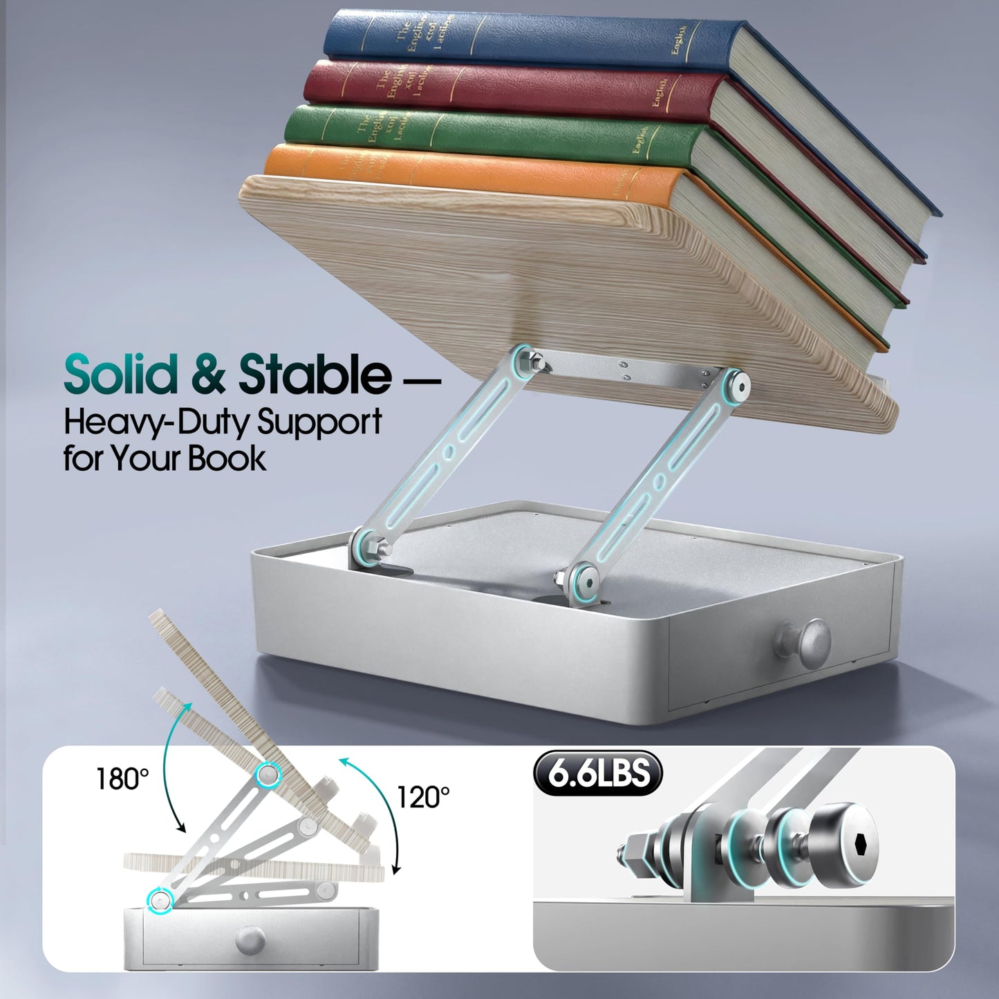 Book Stand with Storage Drawer, Adjustable Wooden Reading Stand for Desk, Ergonomic Height & Angle Book Holder for Textbooks, Cookbooks, Documents (White Ash Finish, 9.8" x 13.8" Large Panel)