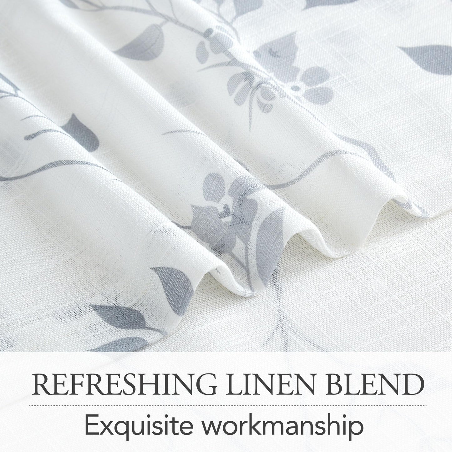 Beauoop Floral Linen Semi Sheer Curtains 84 Inches Long 2 Panels for Living Room Bedroom Grey Farmhouse Flower Patterned Light Filtering Textured Grommet Top Window Treatments Drapes, 50x84 2 Set