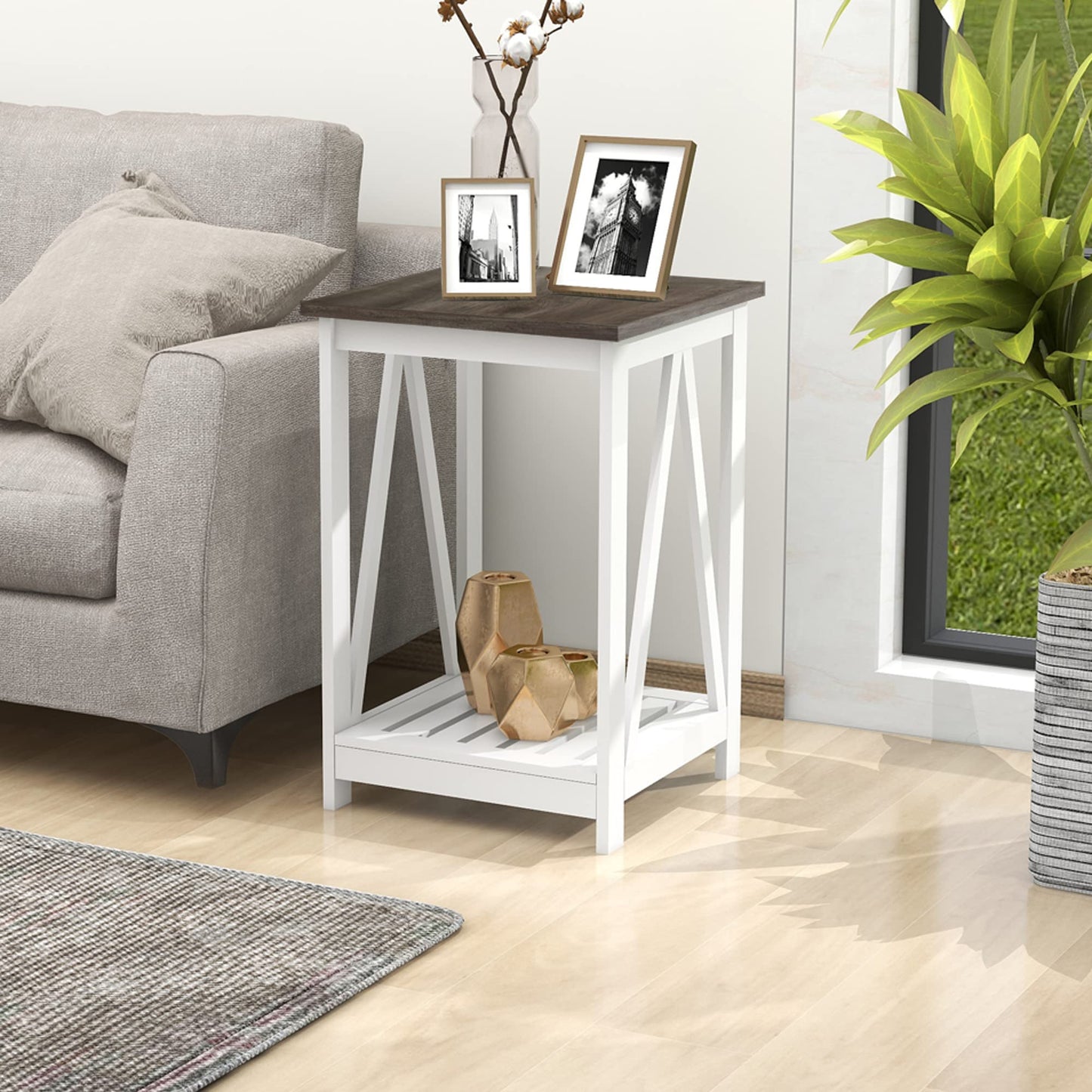 UYIHOME Farmhouse Square End Table, Accent Side Table with Slats Design, Sofa Side Table with Sturdy Frame for Living Room, Dark Grey