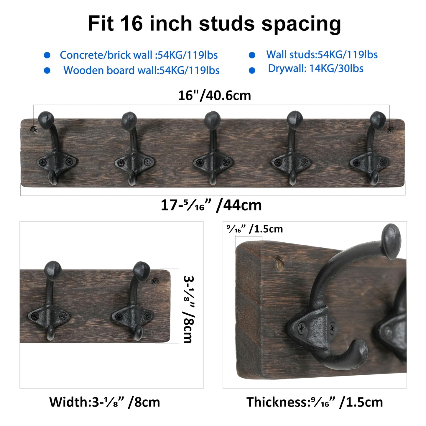 WEBI Rustic Coat Rack Wall Mount,5 Cast Iron Coat Hooks Wall Mounted,Heavy Duty Farmhouse Wood Coat Hanger Wall Antique Vintage Hooks for Hanging Jacket,Clothes,Backpack,Weathered Brown