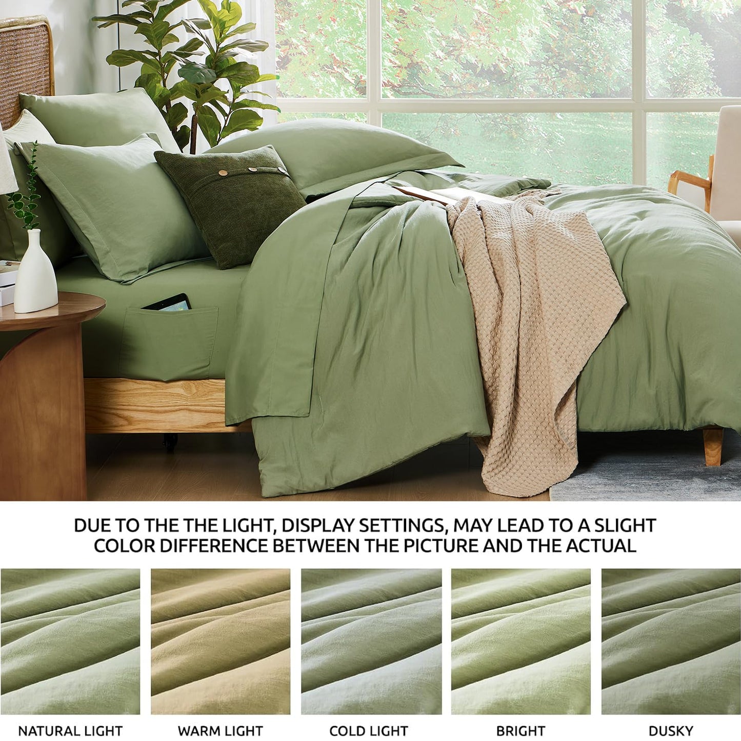 WRENSONGE Queen Comforter Set - 7 Pieces Sage Green Soft Bed in a Bag Queen with Fitted Sheet, Flat Sheet, 2 Pillow Shams, and 2 Pillowcases- Warm Bedding Sets Queen for All Season