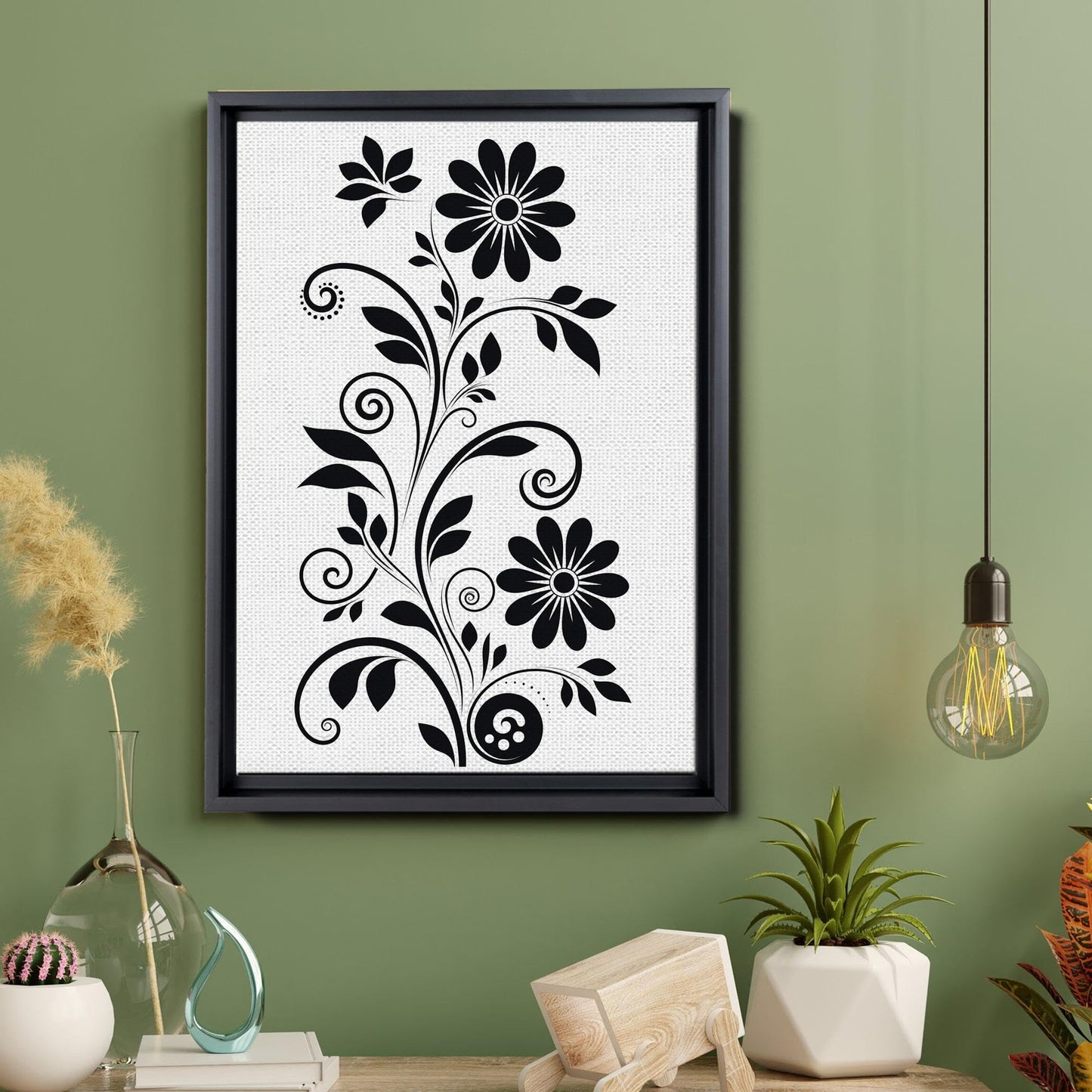 Scandinavian Folk Art, Black and Beige Abstract Botanical Wall Art for Scandinavian Home Decor