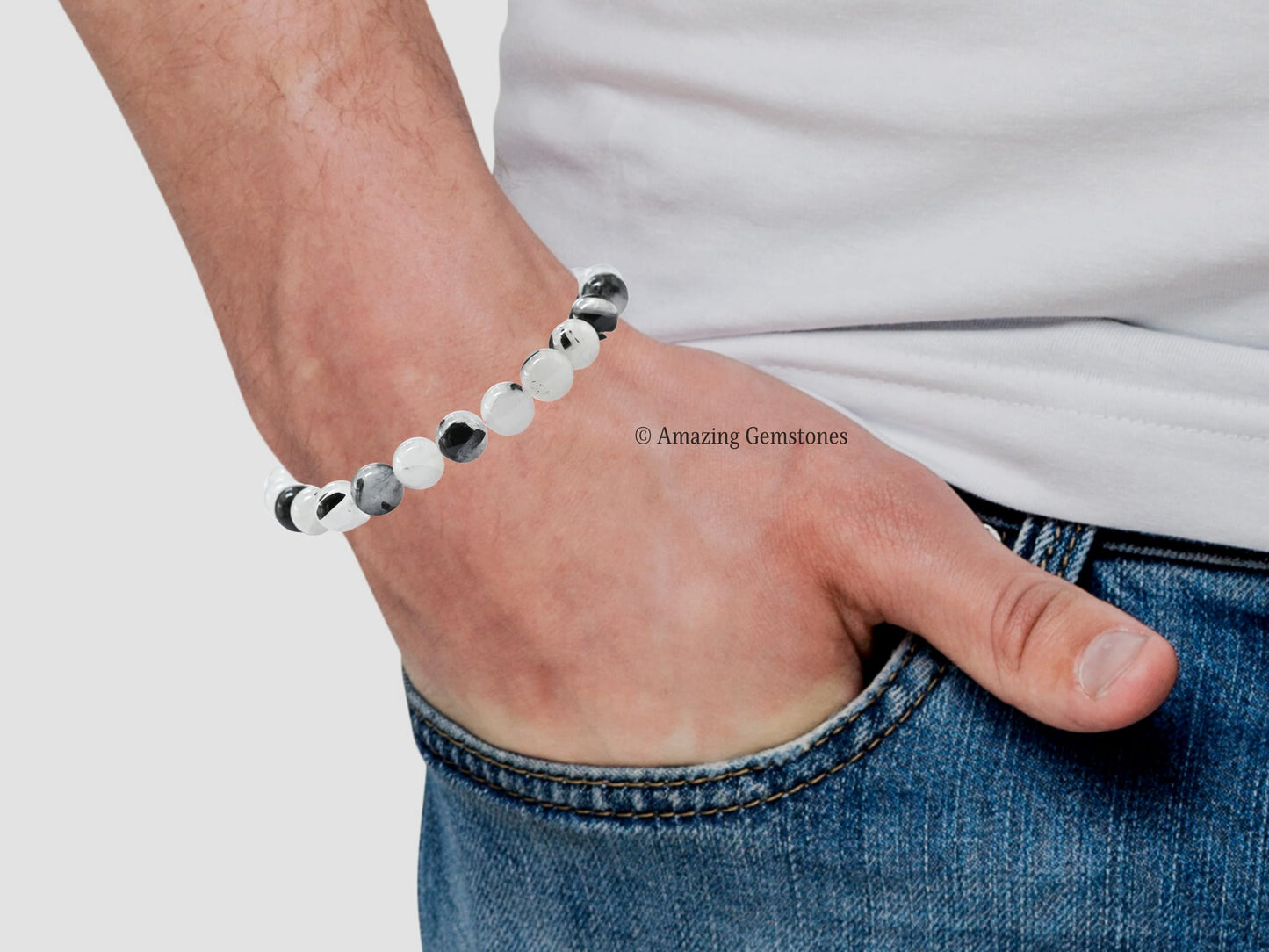 Amazing Gemstone Crystal Bracelet for Women Men's Gifts - Protection Healing Crystal Bracelet - 8mm Gemstone Beaded Stretchable Bracelet Pulseras Para Hombres Mujer Stocking Stuffers Mothers Day Gift (Black Rutilated Quartz)