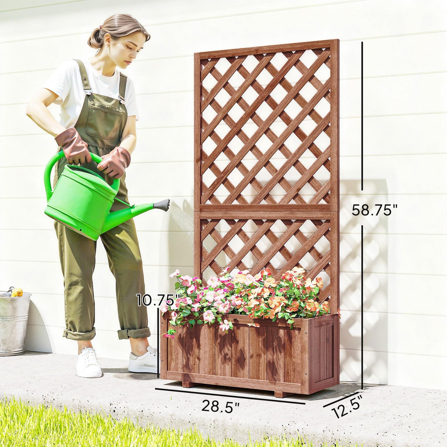 Outsunny Wooden Raised Garden Bed with Trellis, 59" Outdoor Planter Box with Drainage Holes, Planter Raised Bed for Climbing Vine Plants Flowers, Orange