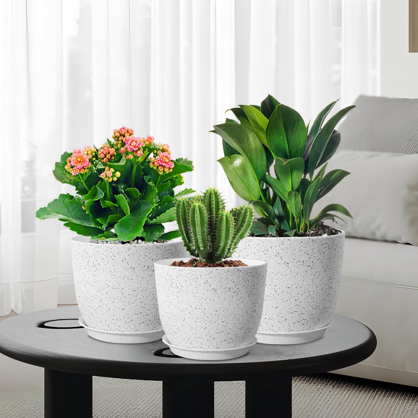 WSMKSZ 10/9/8 inch Medium Plant Pots, Set of 3 Modern Decorative Plastic Planters with Drainage Holes and Saucers for Garden House Plants, Flower Pots for Indoor Outdoor Plants, Speckled White