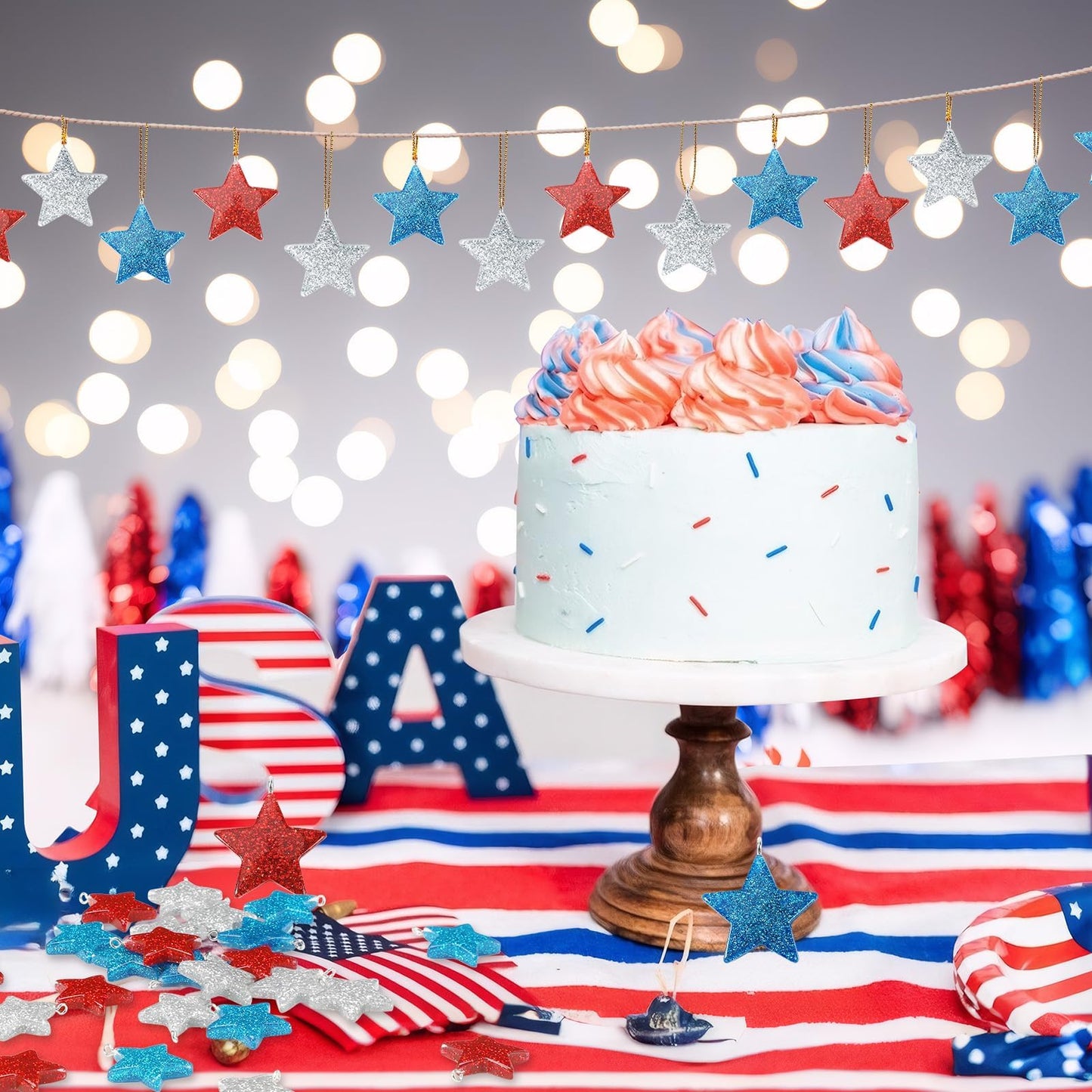 DTOFOOT 36PCS Mini Resin Patriotic Star Ornaments 4th of July Hanging Pendants for Small Tree Glitter Blue Red Star Charms with String for Memorial Day Independence Day 250th Anniversary Party Decor
