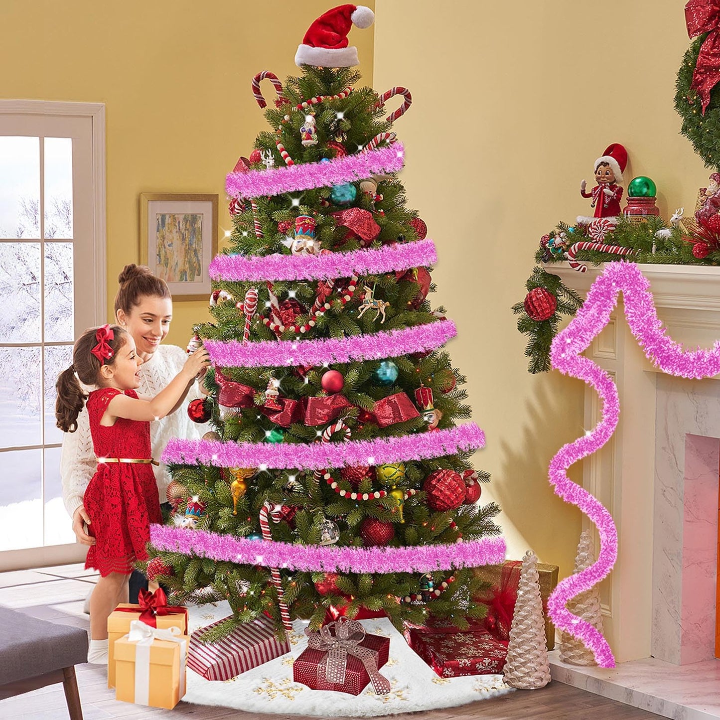 50 Feet Christmas Tinsel Garland, Metallic Twist Garland Wall Hanging Tinsel Garland Backdrop for Parade Floats, Carnival, Birthday, Wedding, New Year Party Decorations (Macaron Pink, 2in x 50ft)