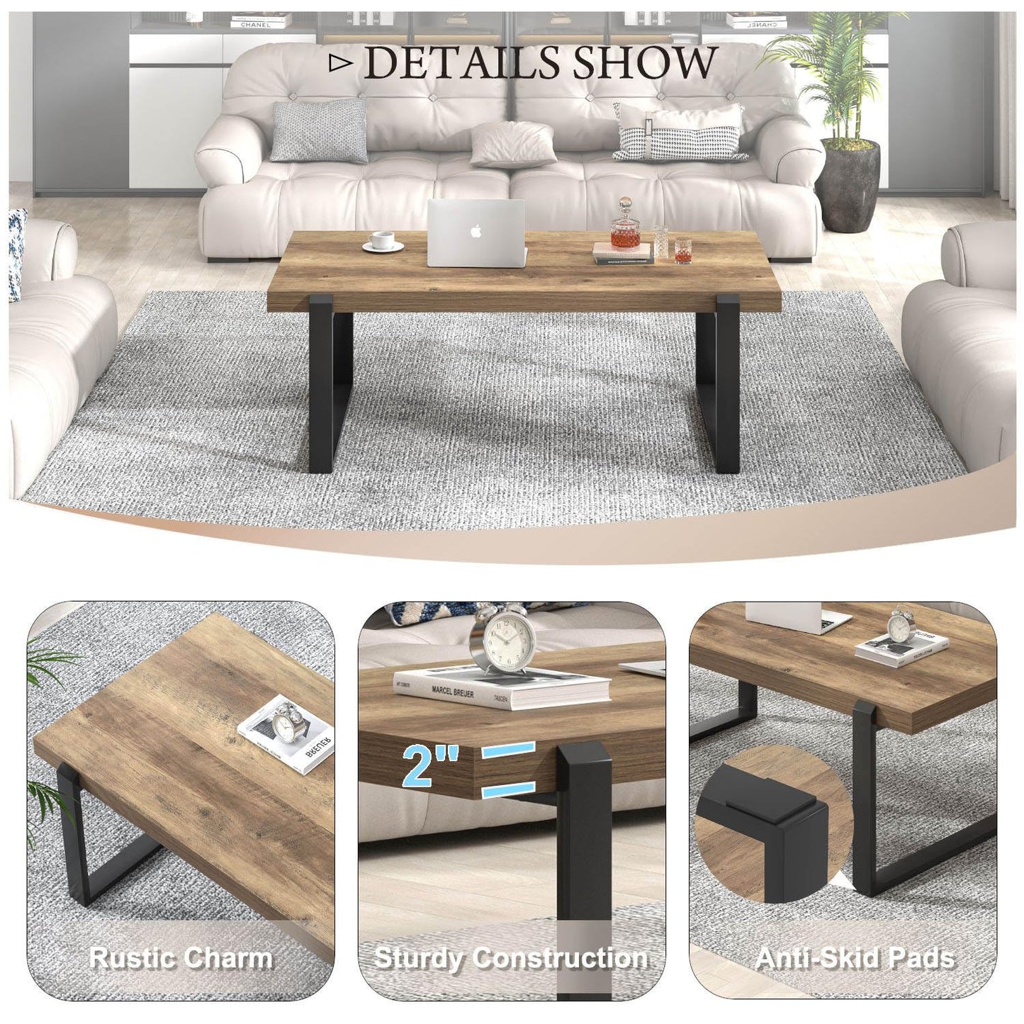 FOLUBAN Rustic Coffee Table, Modern Wood and Metal Industrial Center Table for Living Room, 47 Inch Oak