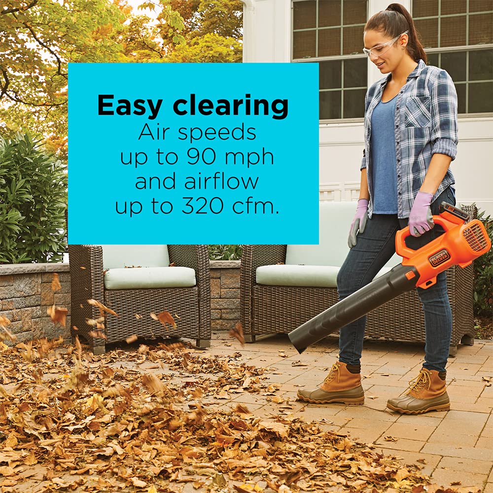 BLACK+DECKER 20V MAX Cordless Leaf Blower with Battery and Charger, Powerful 2-Speed, Up to 90 MPH and 320 CFM Axial Lightweight Electric Leaf Blower (BCBL700D1)