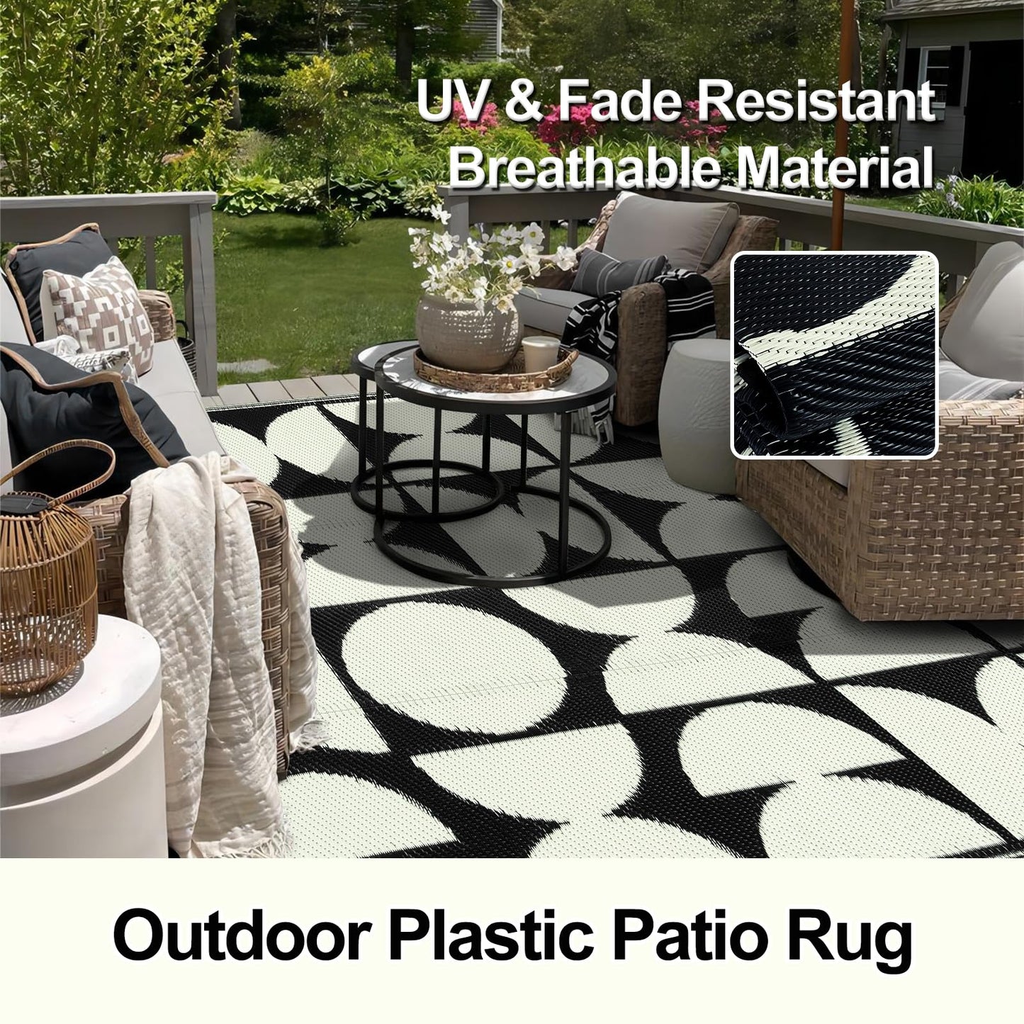 Wonnitar 8x10 Outdoor Rug, Large Waterproof Reversible Outdoor Patio Area Rug, Indoor/Outdoor Plastic Straw Portable Camping Rug for Outside RV Balcony Garden Deck (Black & White,8'x10')