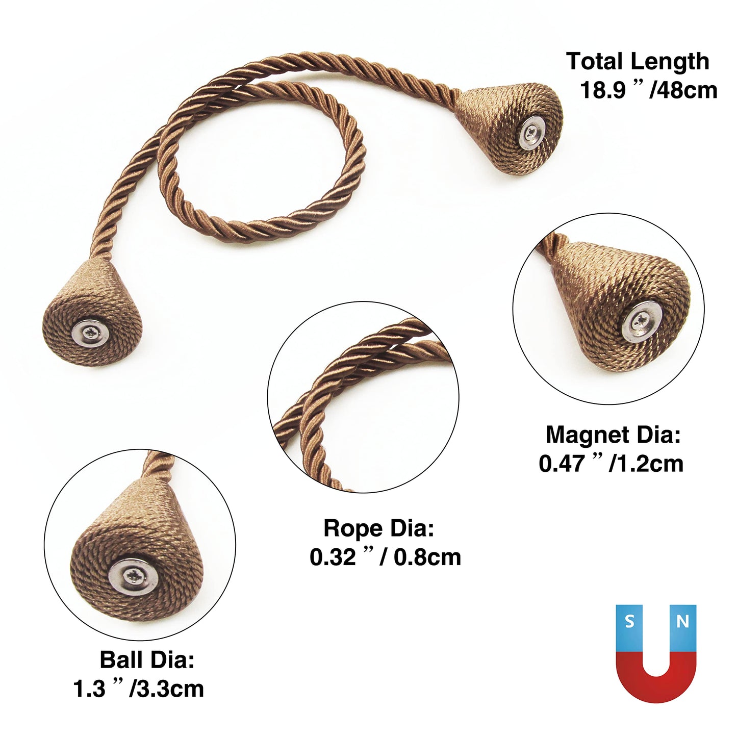 Nieffeiy 2 Pack Magnetic Curtain Tiebacks Rope Modern Handmade Curtain Tie Backs Decorative Drapes Weave Holdbacks for Window Décor, Khaki