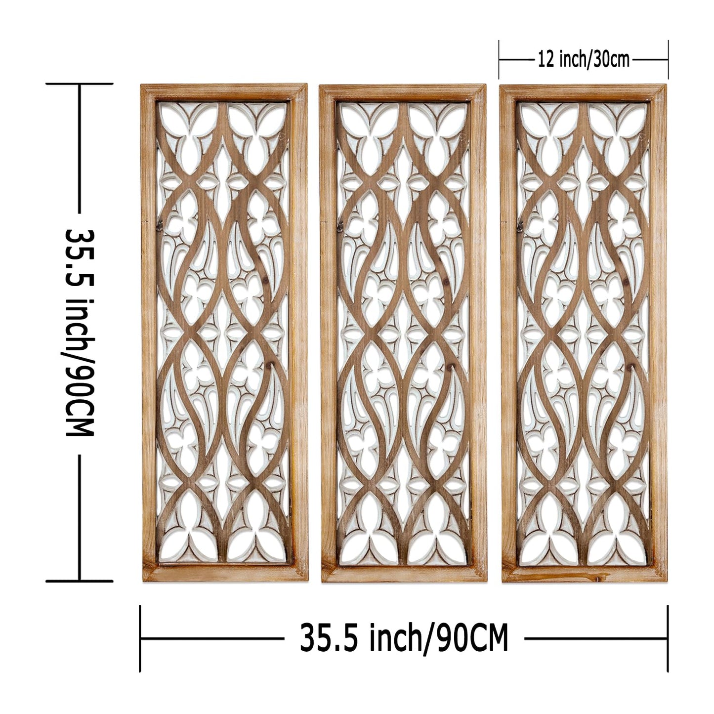 XIAOAIKA Hand Carved Boho Wood Wall Art - Decorative Large Wall Panels, Antique Distressed Wood Sculpture, Elegant Wall Decor Hanging Plaque, Suitable for Gifting (35.5 Inch, 3 Panels)