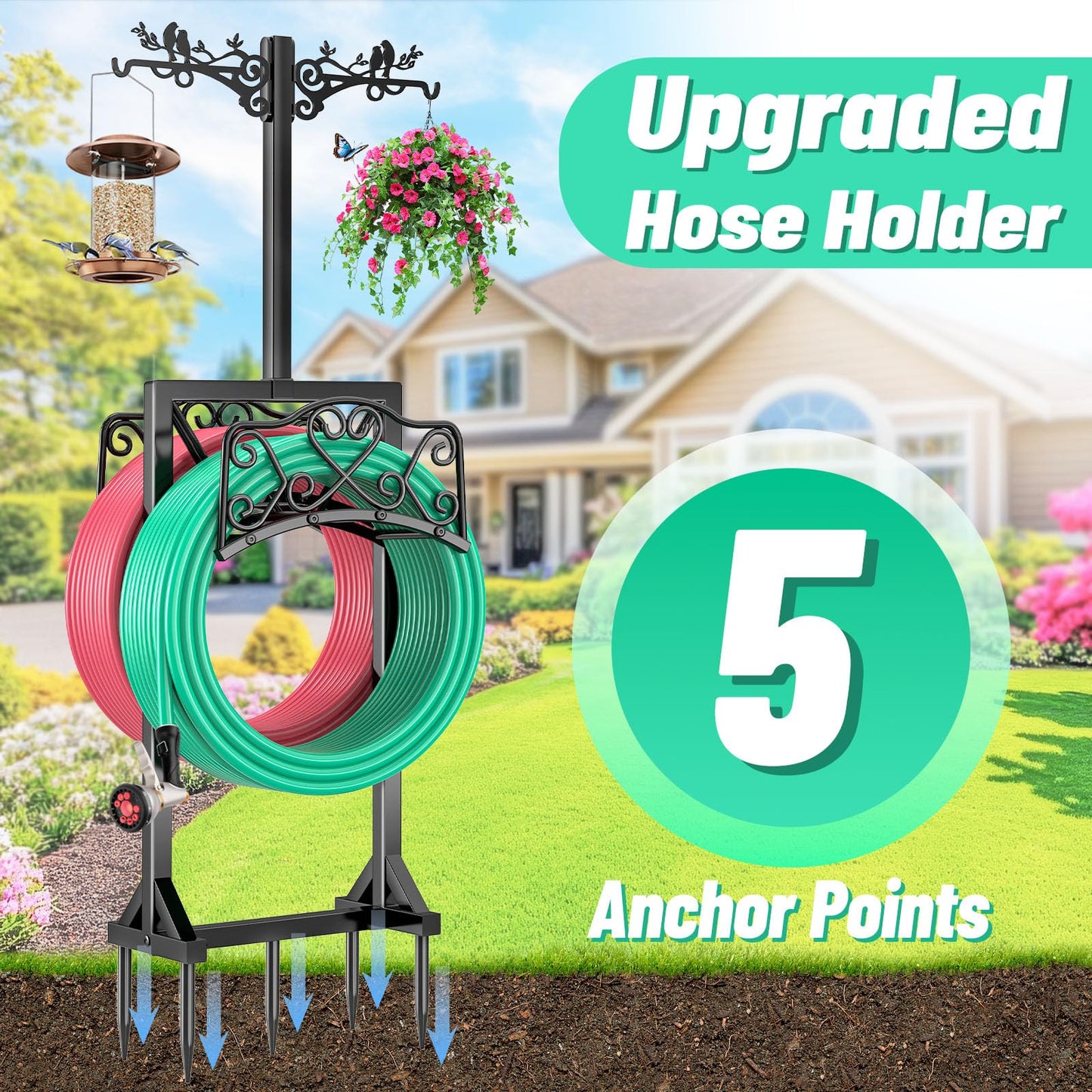 ODSNANIE Garden Hose Holder for Outside,Water Hose Holders with 2 Bird Statue Shepherds Hooks & 5 Spikes,Double-Sided Freestanding Hose Stand Heavy Duty Hose Storage Rack for Outdoor Yard Lawn Farm