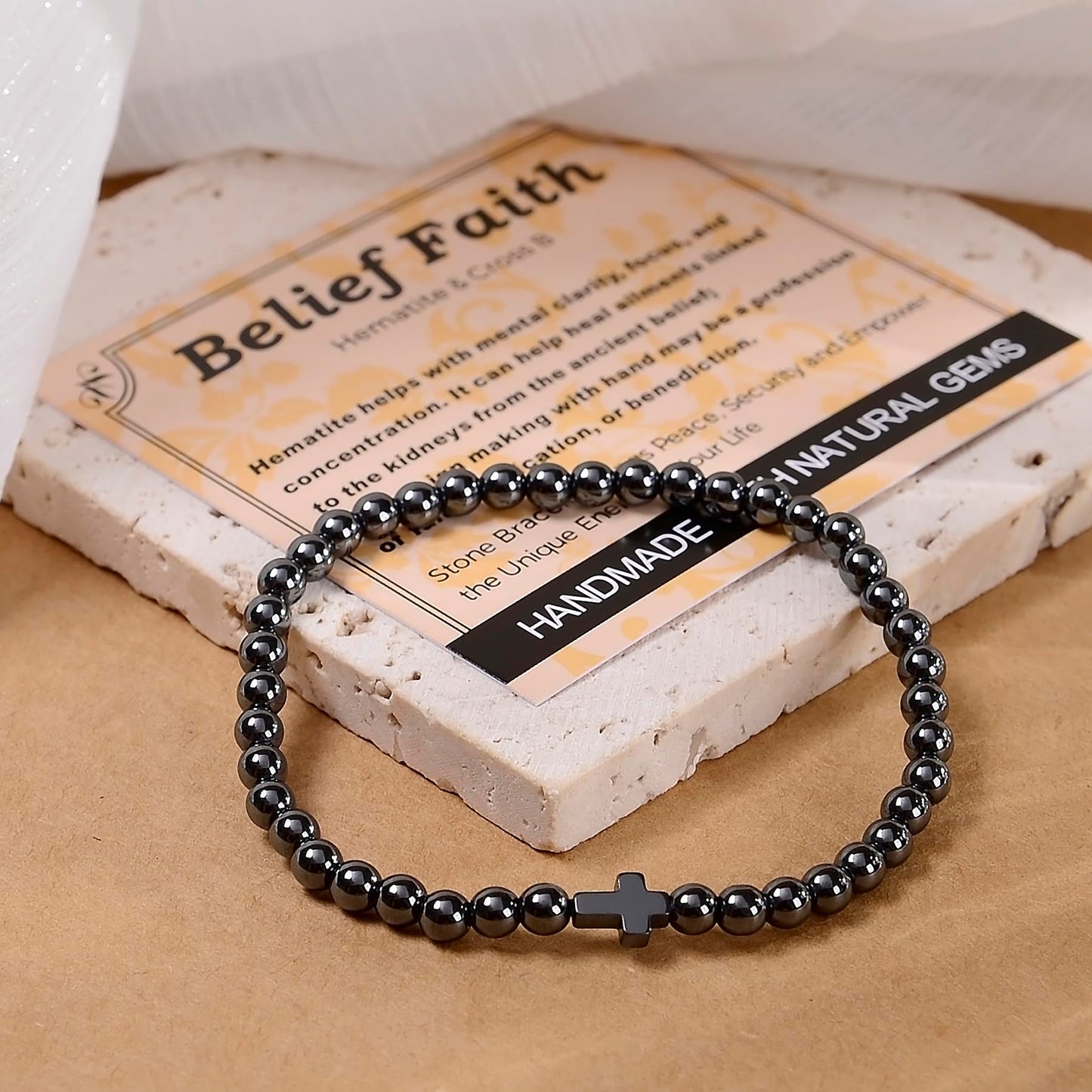 MASSIVE BEADS Hematite and Cross - Belief Faith Handmade Handmade Yoga Stretch Elastic Bracelet Natural Stone Crystal Healing Power Energy Gifts for Unisex Adult 4mm