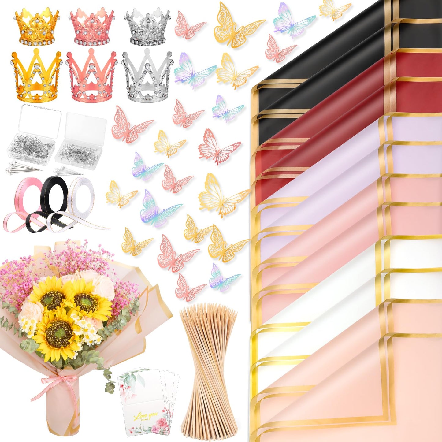 276 PCS Flower Wrapping Paper Bouquet Kit, 30 Sheets Waterproof Floral Wrapping Paper With Ribbons, Flower Pearl Pins, Bamboo Skewers, 3D Butterflies Crowns for Florist Craft Mother's Day Birthday