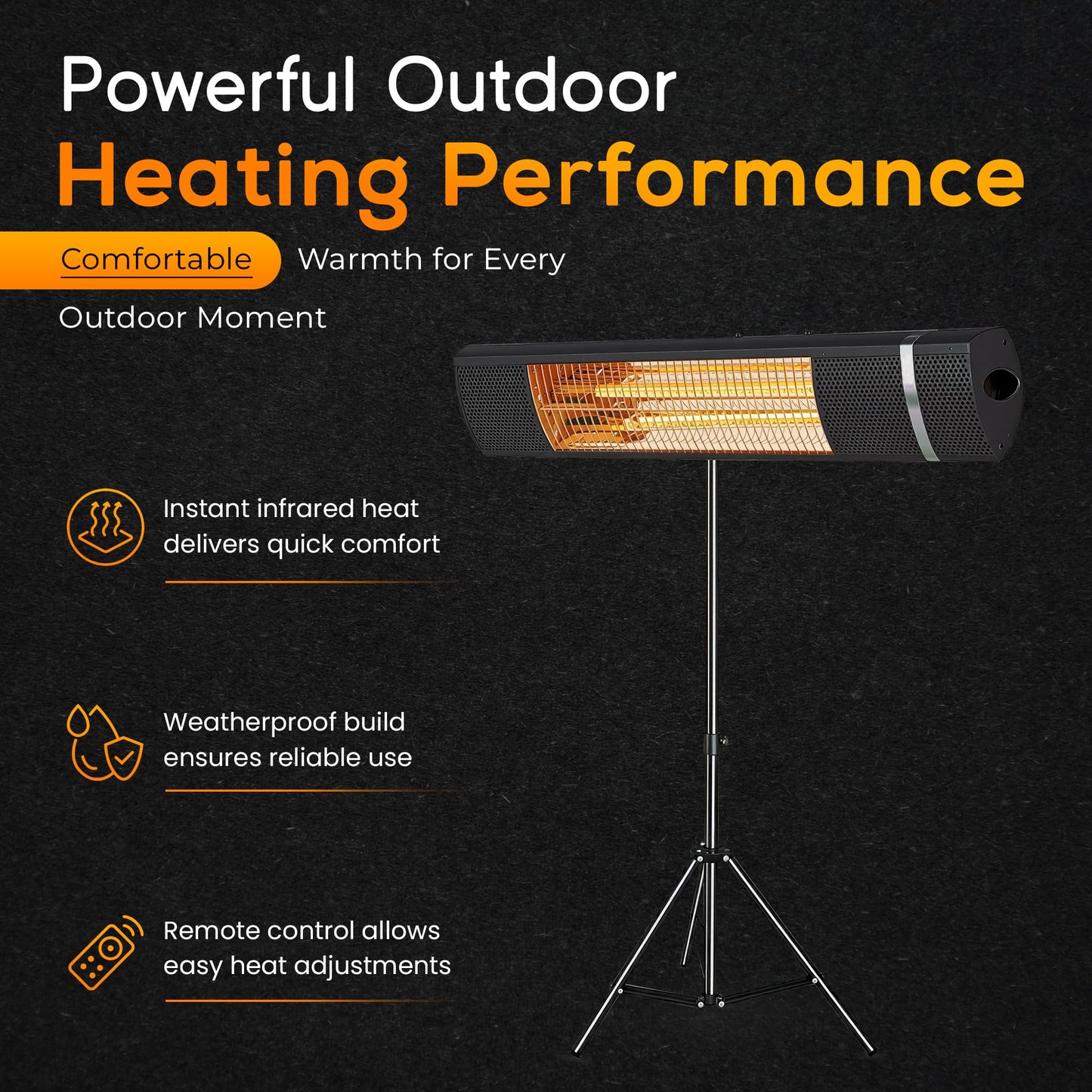Outdoor Carbon Fiber Infrared Patio Heater - 800/1300/1500W, Tripod Stand or Wall Mount, IP65 waterproof, Remote Control, Silent & Energy-Saving for Balcony, Backyard, or Patio