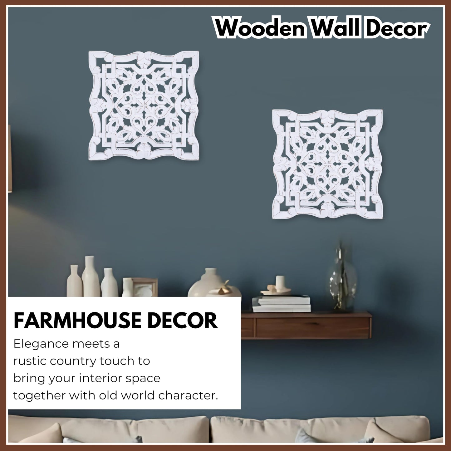 Woodify Hand-Carved Wooden Wall Décor – Set of 2, 12" x 12" Decorative Wood Panels, Floral Design, White Antique Finish, Wall Art for Living Room & Home Décor
