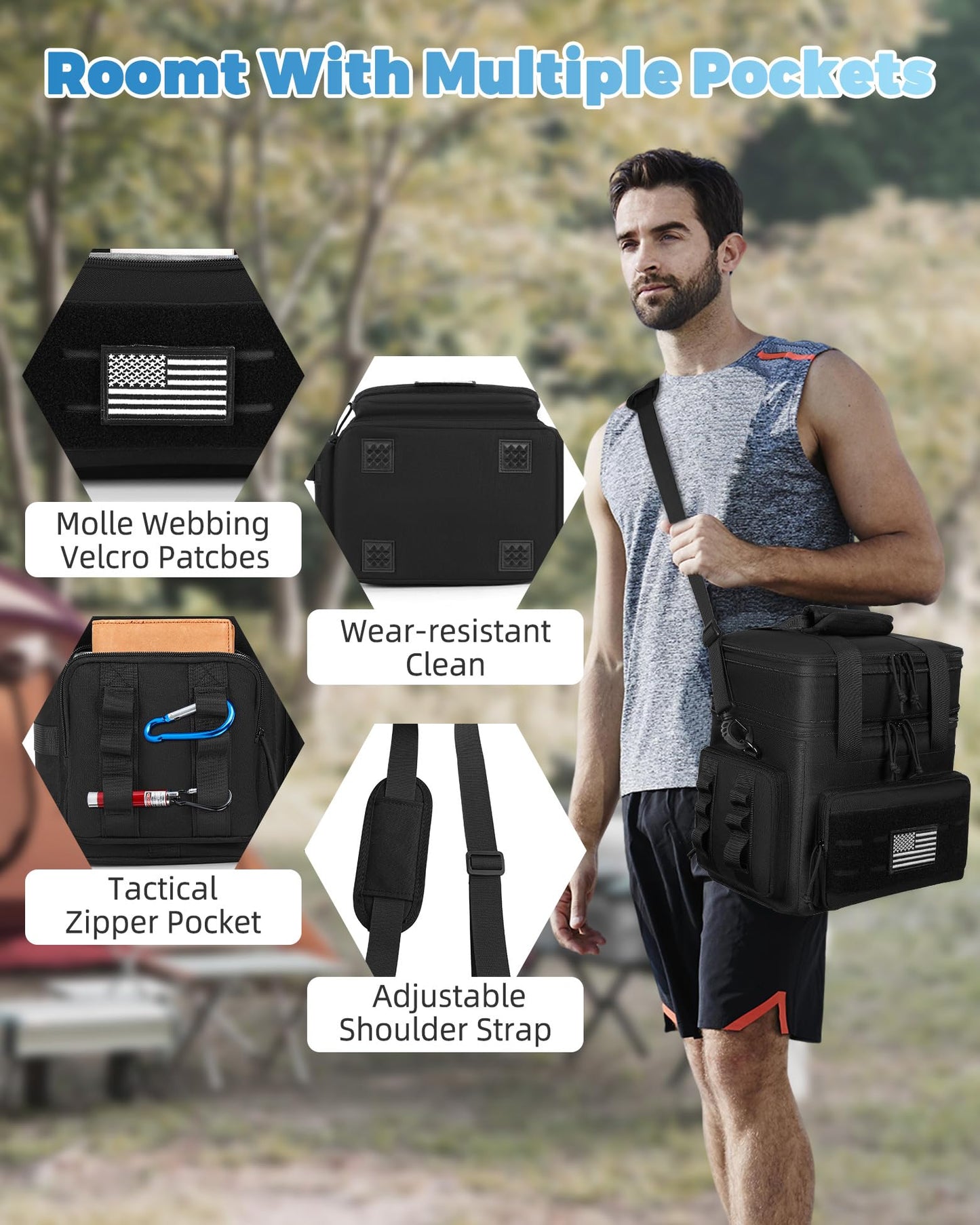 holuxer Tactical Lunch Bag & Lunch Box for Men - Large Double Deck Expandable Insulated Soft Adult Lunchbox for Work - Cooler Bag for Beach, Picnic, Camping,Outdoor，Travel (Black,16L)