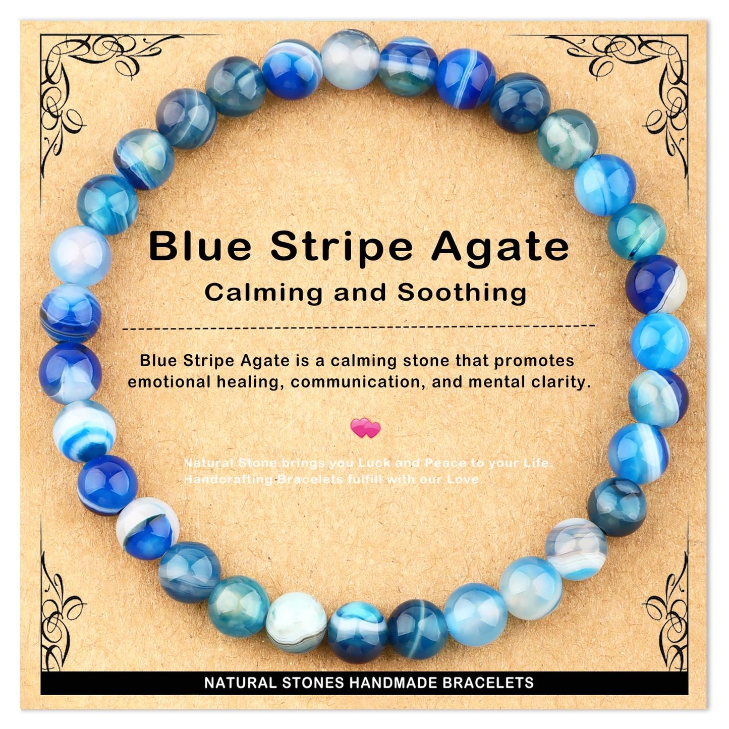 AD Beads 6mm Handmade Blue Stripe Agate Elastic Bracelet – Natural Gemstone for Calming and Soothing – Meditation, Yoga, Healing and Energy Gift for Men Women
