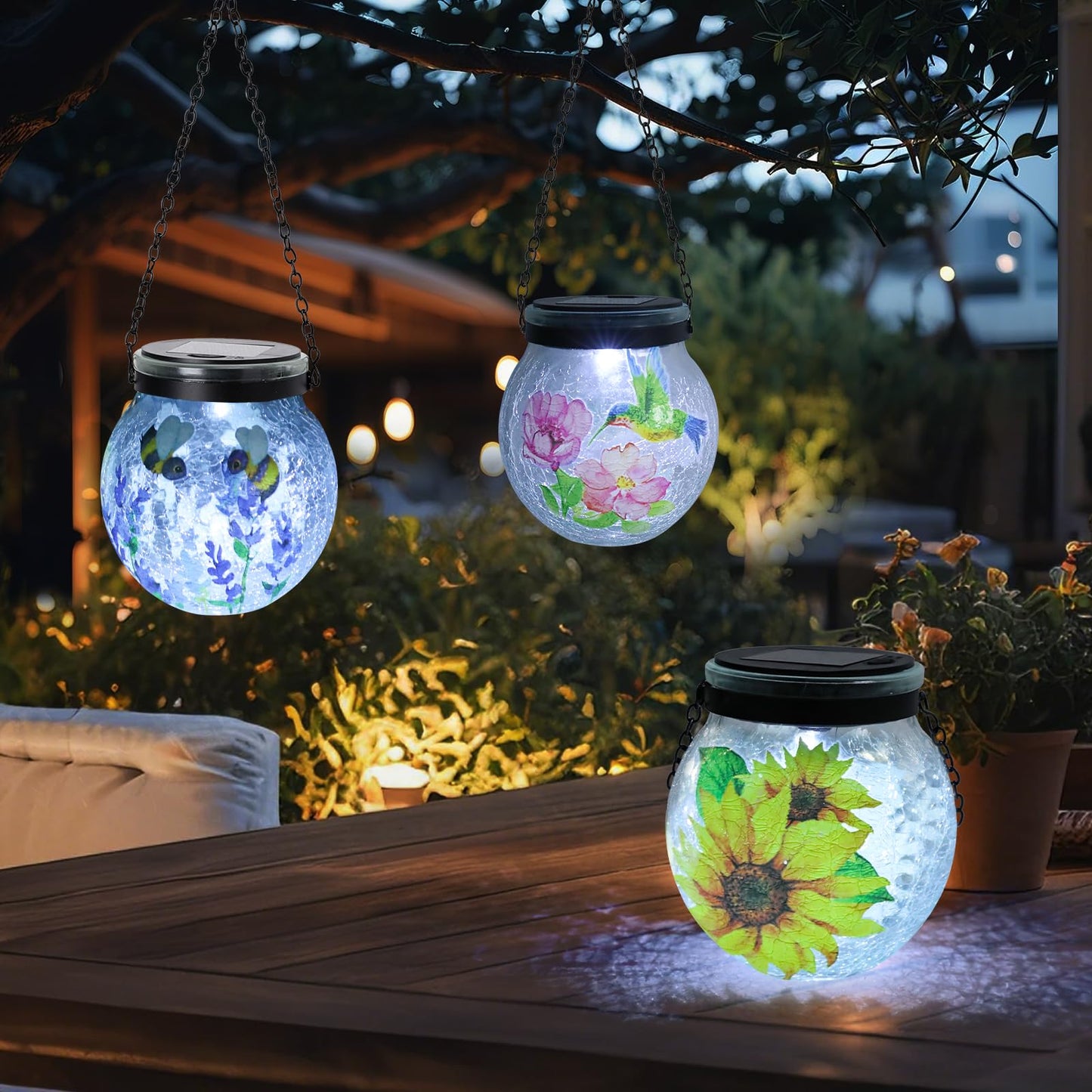 Solar Hanging Lanterns Outdoor Waterproof, 3 Pack Crackle Glass Globe Solar Lights Garden Decor Light for Patio Backyard Pathway Porch Gifts for Women Mom Grandma