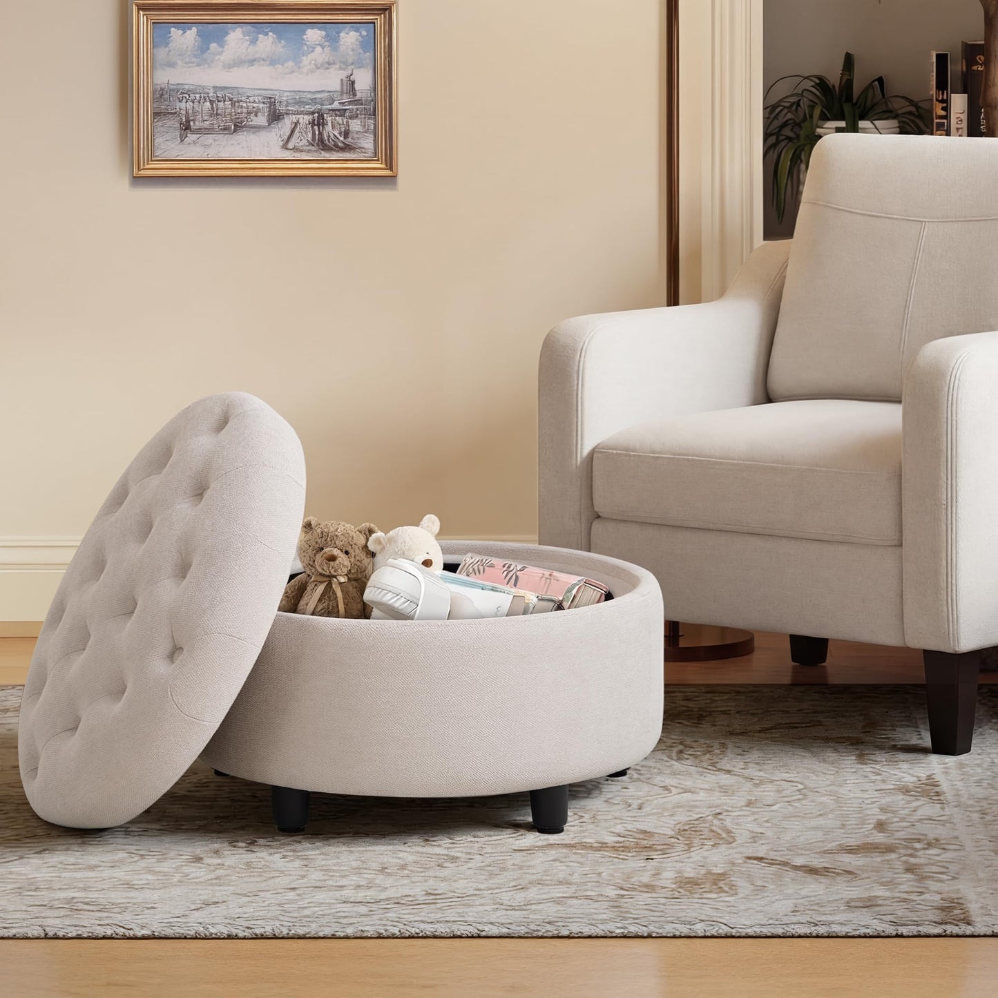 COLAMY Fabric Round Storage Ottoman with Reversible Tray Lid – Multi-Functional Footrest, Hidden Storage, Sturdy & Stylish Small Coffee Table for Living Room, Bedroom, or Entryway(Beige)
