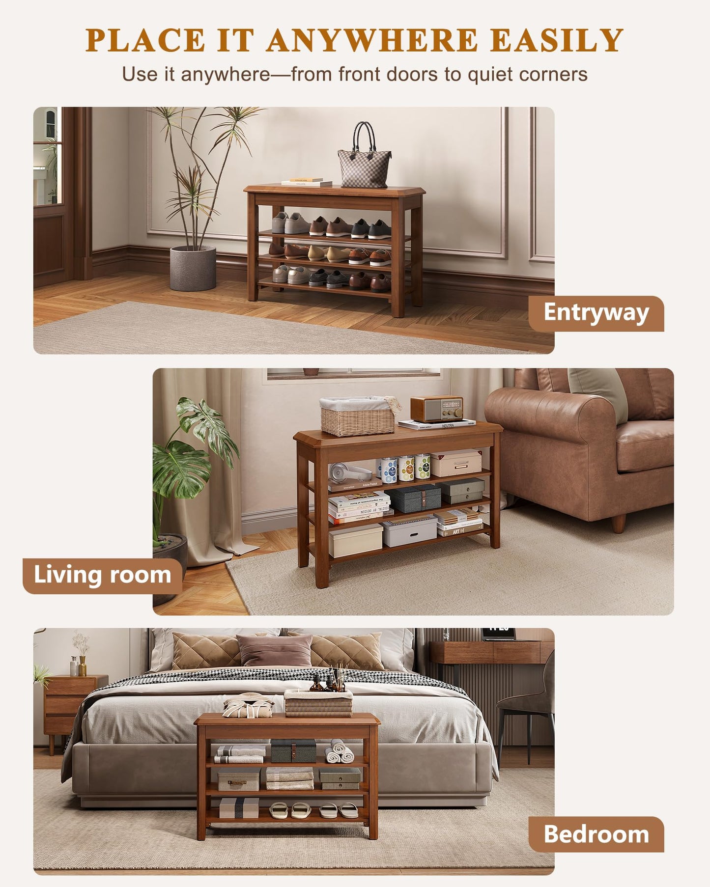 IUNVR Shoe Rack Bench Seat Rubberwood 3-Tier Wooden Storage Bench 550lbs Compact Mid-Century Modern Design for Entryway, Hallway, Closet, Front Door Entrance, Foyer