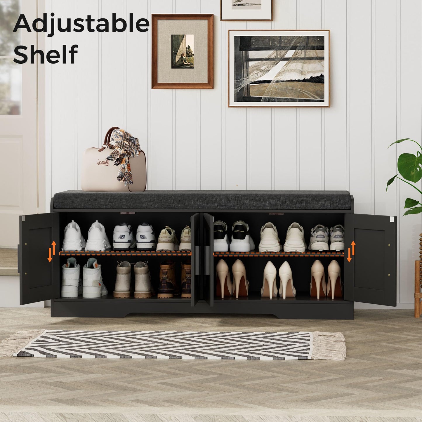 Homleke 2-Tier Storage Bench, Shoe Bench with Thickened Padded Seat Cushion, Entryway Bench with 4 Doors, Adjustable Shelf, 13.8" D x 45.3" W x 18.5" H, for Entryway, Living Room, Bedroom, Black