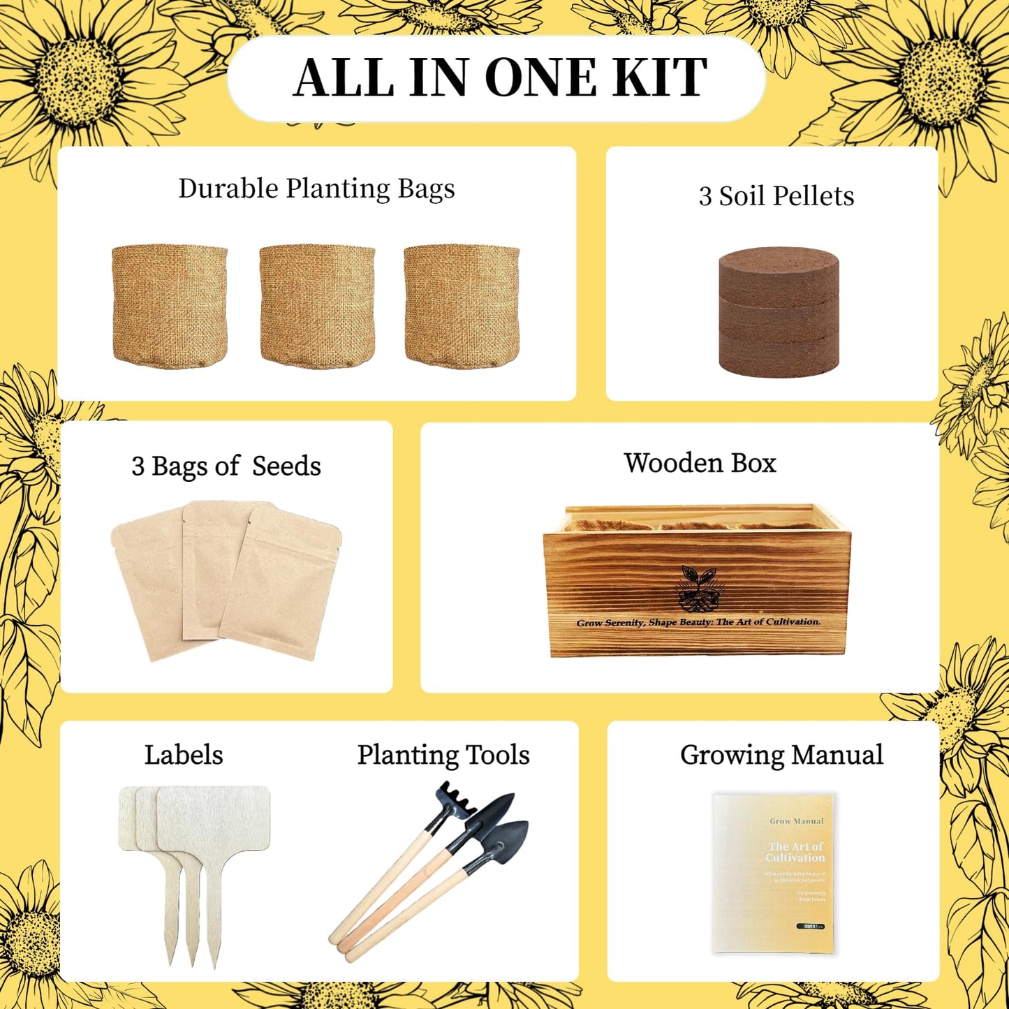 Flower Growing Kits, Windowsill Planting Kit with Planting Bags, Coir Soil & Tools Indoor Gardening Starter Kit with Seed(Sunflower, Zinnias & Marigold) Flower Gardening Gifts for Women & Men